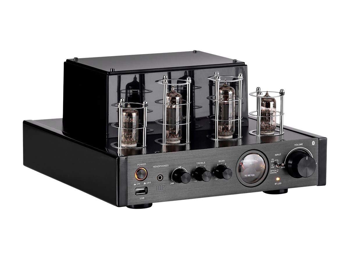 Monoprice 138360 25 Watt Stereo Hybrid Tube Amplifier 2019 Edition with Bluetooth Optical Coaxial and USB Inputs and Subwoofer Out