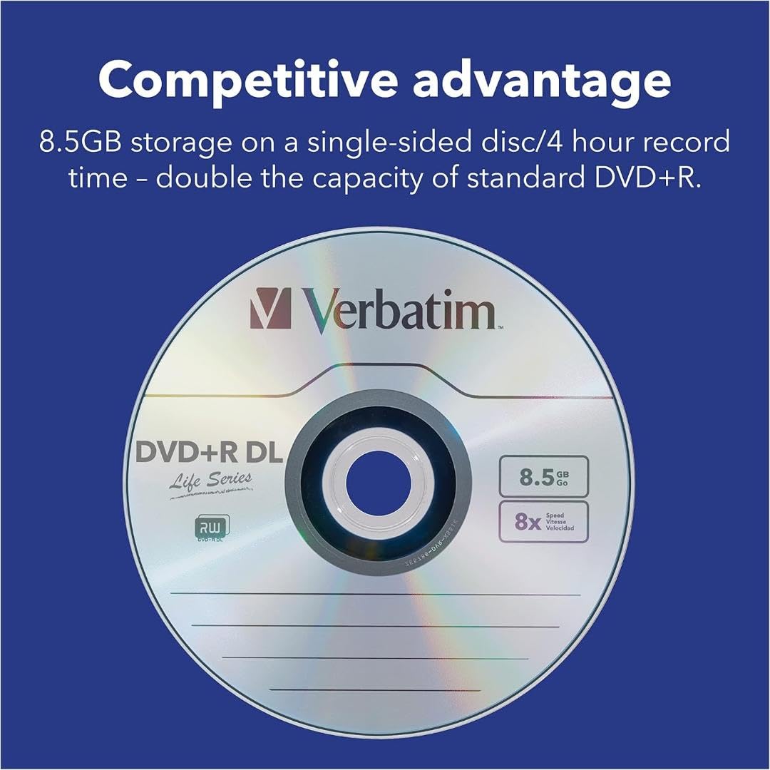Verbatim DVD+R Double Layer Life Series 8.5 GB - 8x Burning Speed, Printable, Long Service Life, 50-Pack Spindle