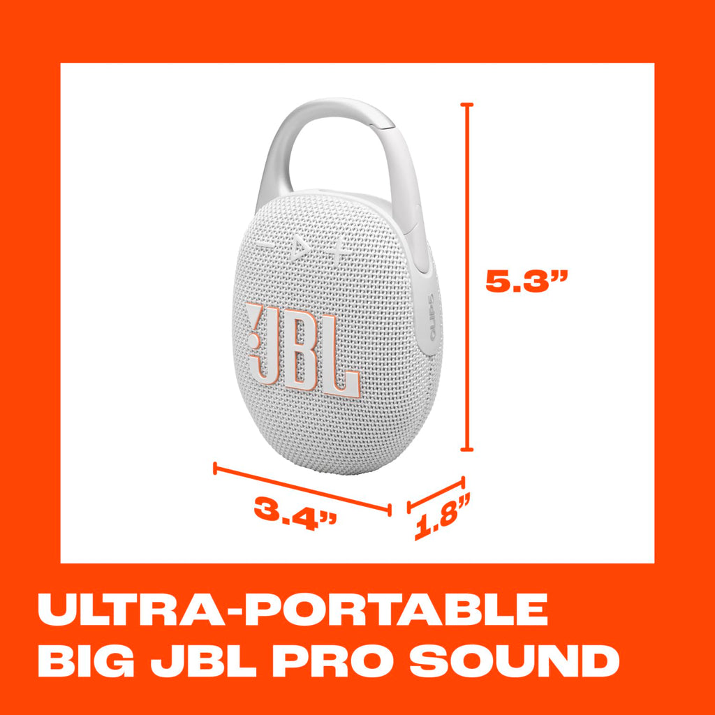 JBL Clip 5 - Ultra-Portable, Waterproof & Dustproof Bluetooth Speaker, Big Pro Sound with punchy bass, Integrated carabiner, Up to 12 Hours of Play, Made in part with recycled materials (White)