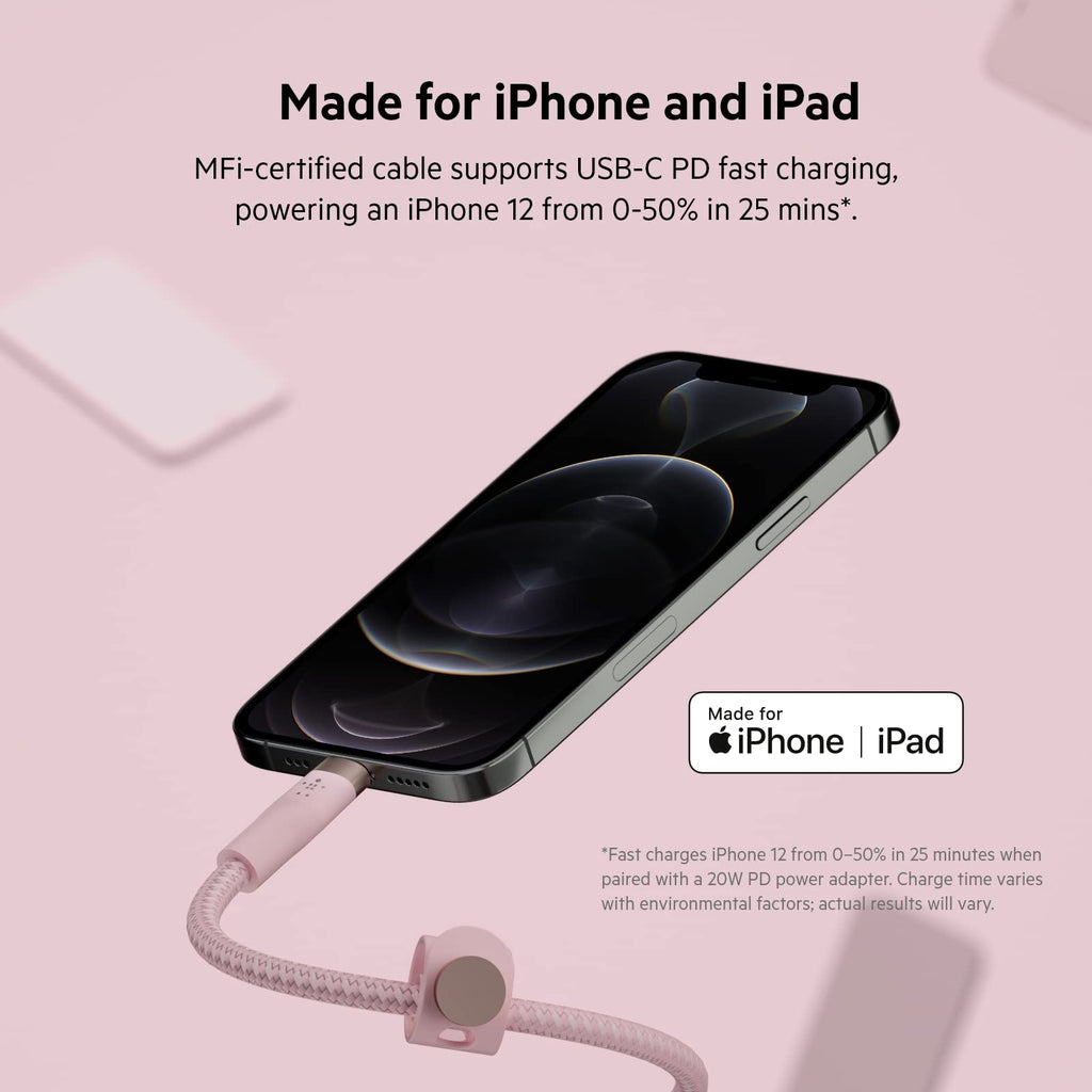Belkin BoostCharge Pro Flex Braided USB Type C to Lightning Cable (2M/6.6ft), MFi Certified 20W Fast Charging PD Power Delivery for iPhone 14/14 Plus, 13, 12, Pro, Max, Mini, SE, iPad and More - Pink