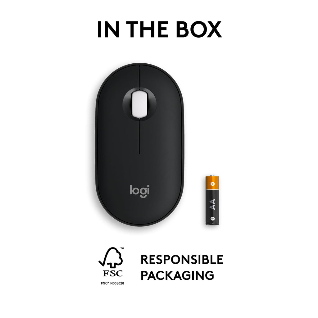 Logitech Pebble Mouse 2 M350s Slim Bluetooth Wireless Mouse, Portable, Lightweight, Customizable Button, Quiet Clicks, Easy-Switch for Windows, macOS, iPadOS, Android, Chrome OS - Black