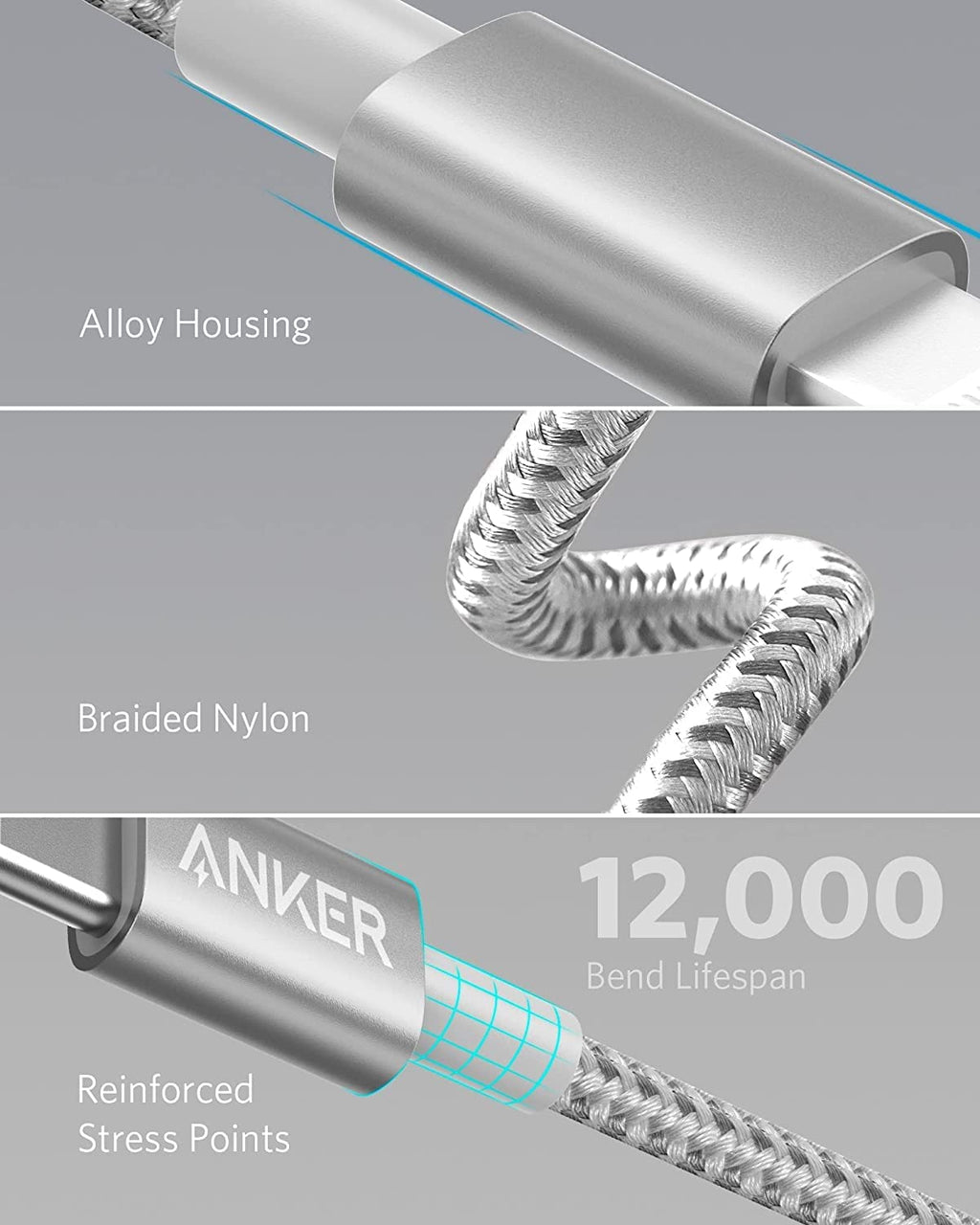 Anker USB C to Lightning Cable, New Nylon USB-C to Lightning Charging Cord [10ft MFi Certified] for iPhone 13 13 Pro 12 Pro Max 12 11 X XS XR 8 Plus, AirPods Pro, Supports Power Delivery (Silver)