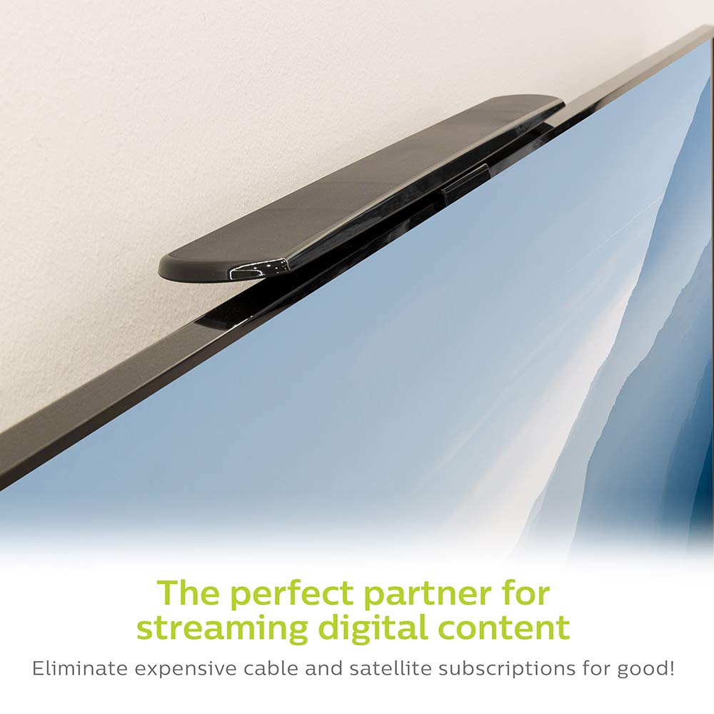 Philips Hover Amplified HD Digital TV Antenna, Long Range Smart TV Antenna, Easy Mount on Top of TV Design, Supports 4K 1080P HD VHF UHF, Signal Booster, Coax HDTV Cable/AC Adapter, SDV7219N/27