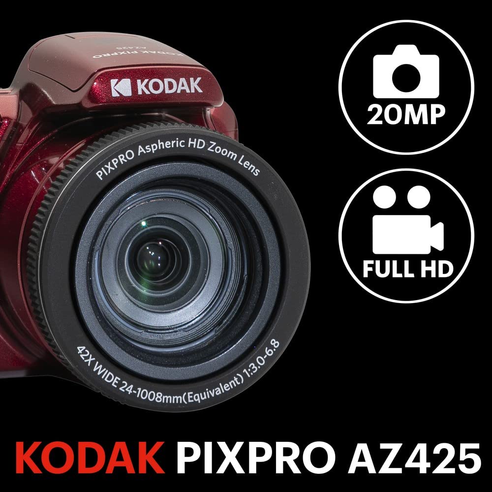 Kodak PIXPRO AZ425-RD 20MP Digital Camera 42X Optical Zoom 24mm Wide Angle 1080P Full HD Video Optical Image Stabilization Li-Ion Battery 3" LCD Vlogging Camera (Red)
