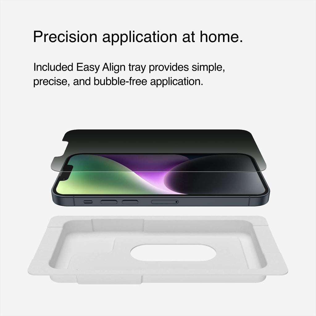 Belkin Privacy Tempered Glass Screen Protector for iPhone 14, 13 and 13 Pro, Treated Surface with Anti-Fingerprint Coating and Bubble Free Application with Included Easy Align Tray