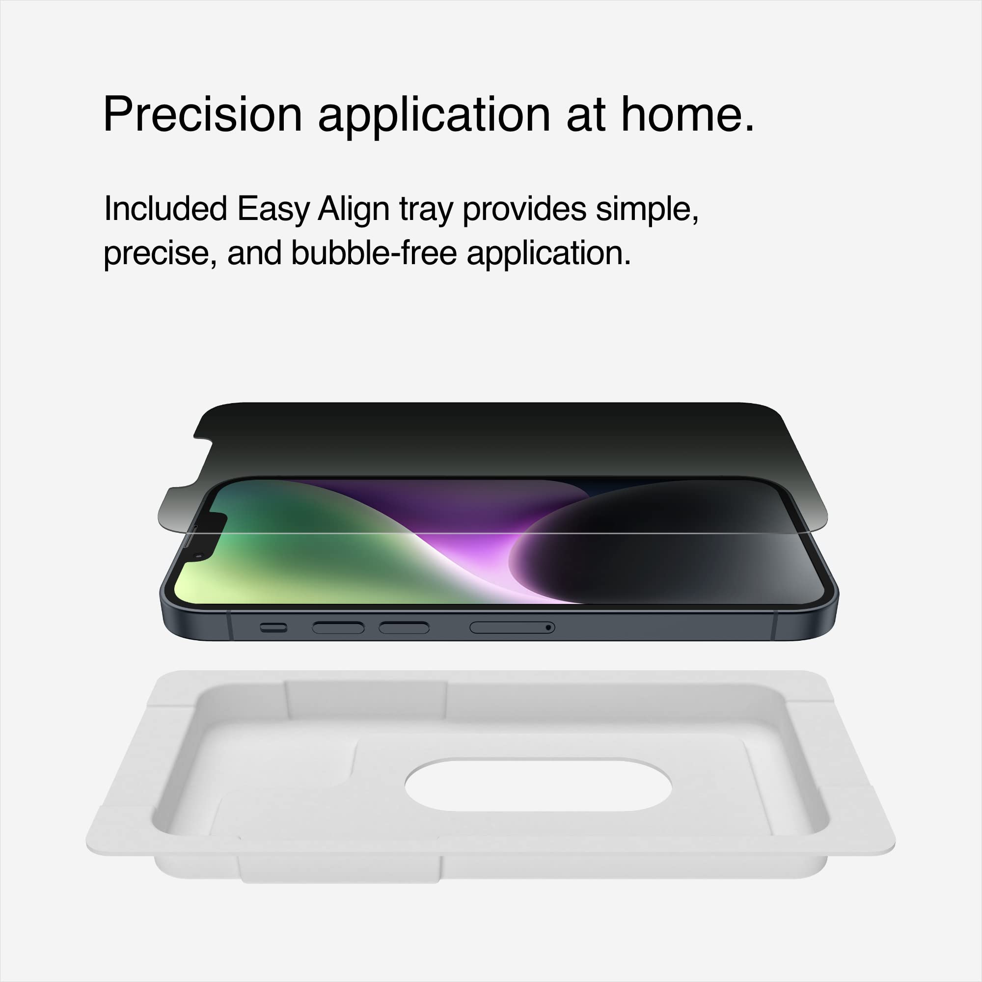 Belkin Privacy Tempered Glass Screen Protector for iPhone 14, 13 and 13 Pro, Treated Surface with Anti-Fingerprint Coating and Bubble Free Application with Included Easy Align Tray