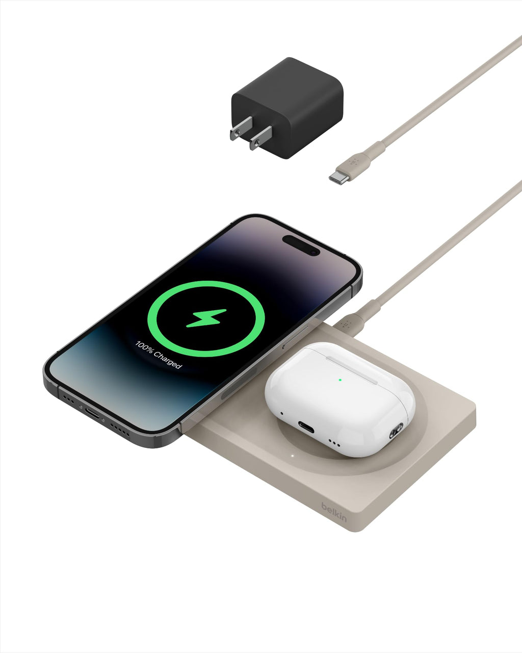 Belkin BoostCharge Pro 2-in-1 Wireless Charging Pad with MagSafe 15W, Fast Charging iPhone Charger Compatible with iPhone 15, 14, 13, and 12 Series, AirPods, and Other MagSafe Enabled Devices - Sand