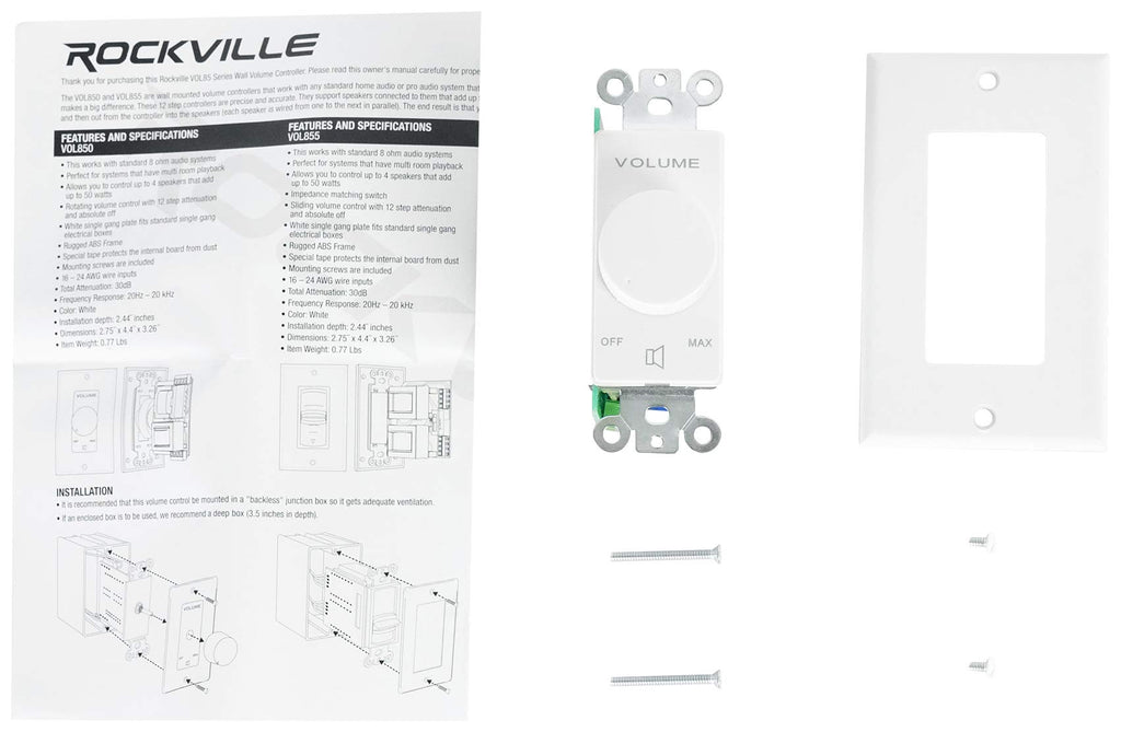 Rockville VOL850 50W x2 Wall Stereo Volume Controller 8 Ohm, 11-Step Rotary Knob, 20Hz-20kHz, 30dB Attenuation, for Home Theater and Commercial Audio Systems