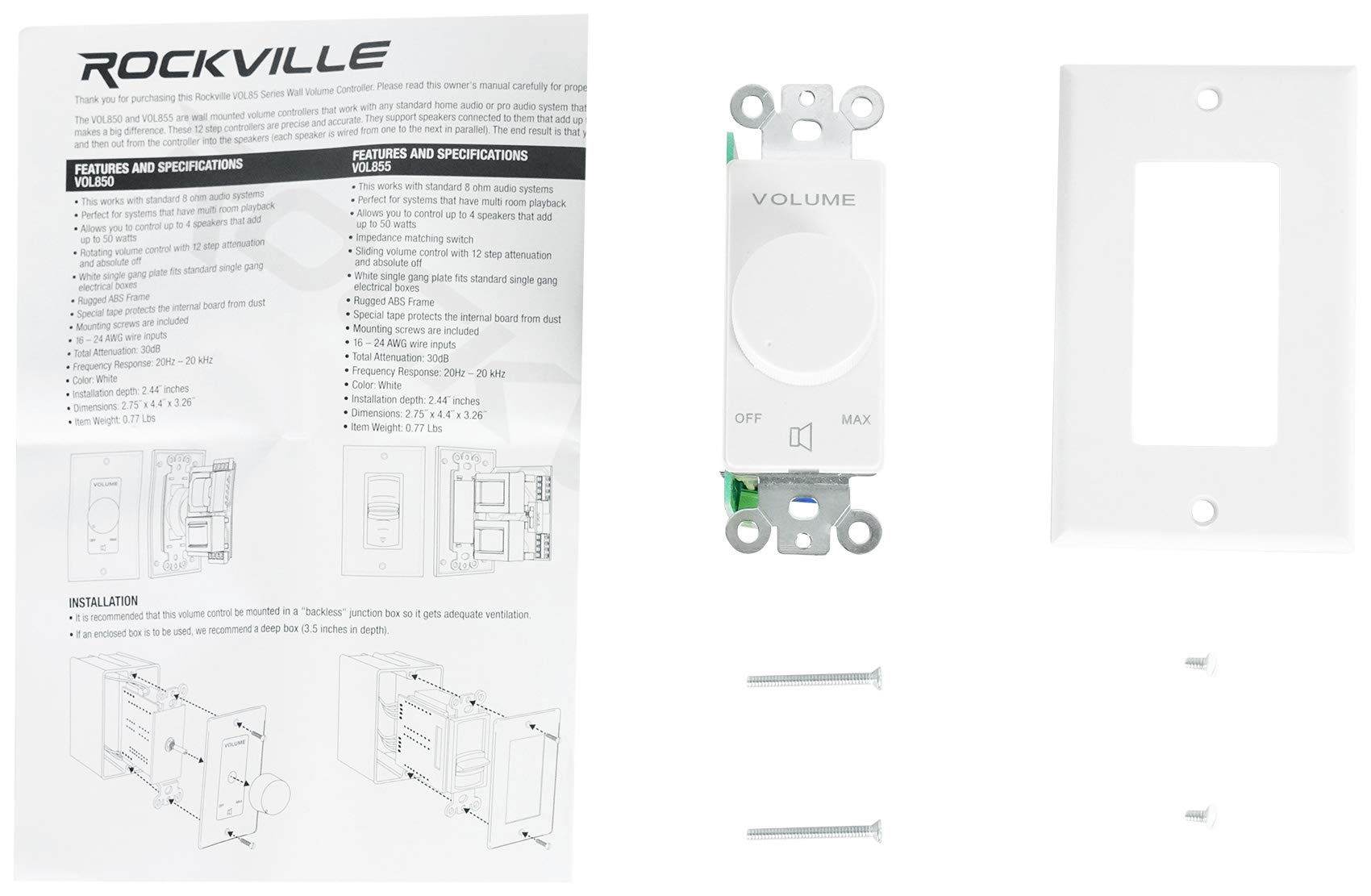 Rockville VOL850 50W x2 Wall Stereo Volume Controller 8 Ohm, 11-Step Rotary Knob, 20Hz-20kHz, 30dB Attenuation, for Home Theater and Commercial Audio Systems