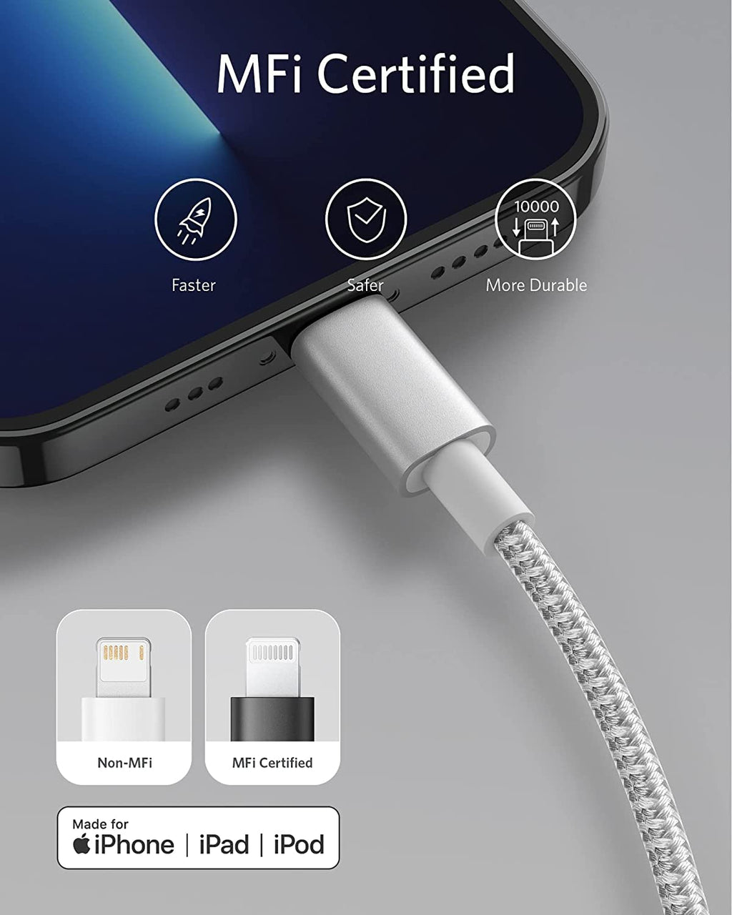 Anker USB C to Lightning Cable, New Nylon USB-C to Lightning Charging Cord [10ft MFi Certified] for iPhone 13 13 Pro 12 Pro Max 12 11 X XS XR 8 Plus, AirPods Pro, Supports Power Delivery (Silver)