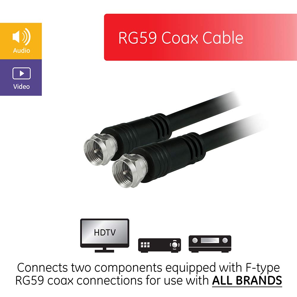 GE RG59 Coaxial Cable, 6 ft. (1.8m) F-Type Connectors, Dual Shield Coax, Input/Output, Low Loss, Ideal for TV Antenna, DVR, VCR, Satellite Receiver, Cable Box, Black, 23217