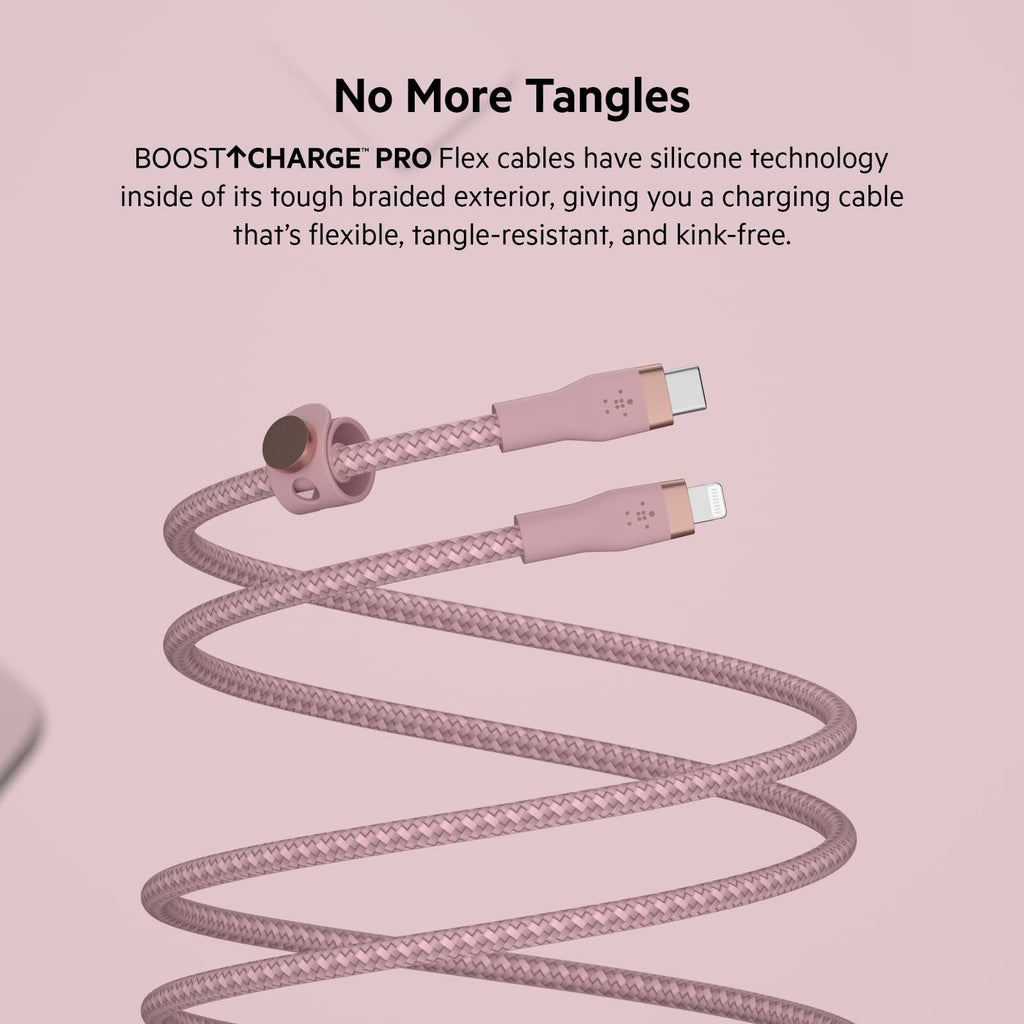 Belkin BoostCharge Pro Flex Braided USB Type C to Lightning Cable (2M/6.6ft), MFi Certified 20W Fast Charging PD Power Delivery for iPhone 14/14 Plus, 13, 12, Pro, Max, Mini, SE, iPad and More - Pink