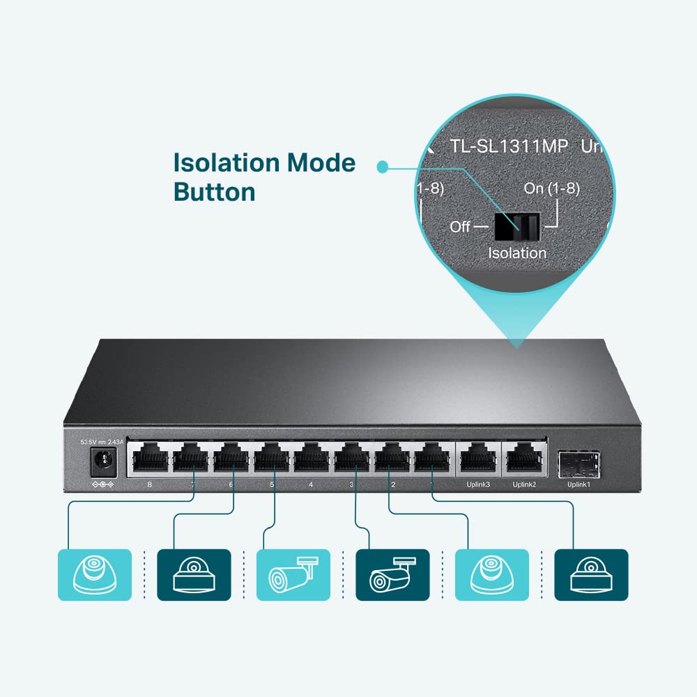 TP-Link TL-SL1311MP | 8 Port 10/100Mbps Fast Ethernet PoE Switch | 8 PoE+ Ports @124W, w/ 2 Uplink Gigabit Ports + 1 SFP Port | Limited Lifetime Protection | PoE Recovery | Extend & Isolation Mode