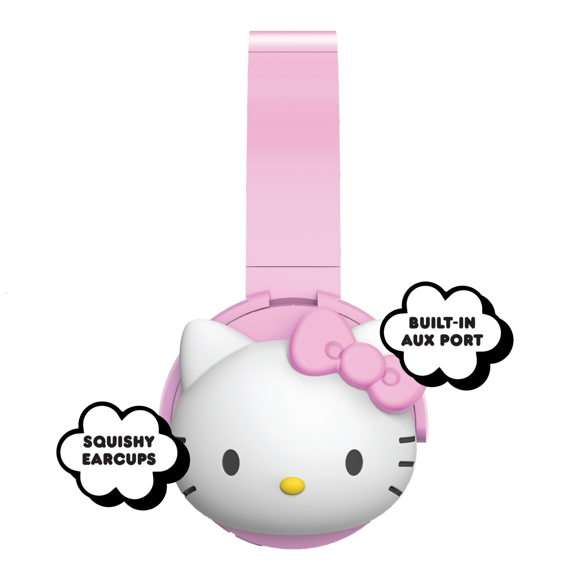 Hello Kitty 2-in-1 Wireless Bluetooth Headphones with Wired Earbuds - Foldable, Adjustable & Padded Headband, Onboard Controls, Squishy Ear Cups, Aux Cable Connectivity, Handsfree Calling