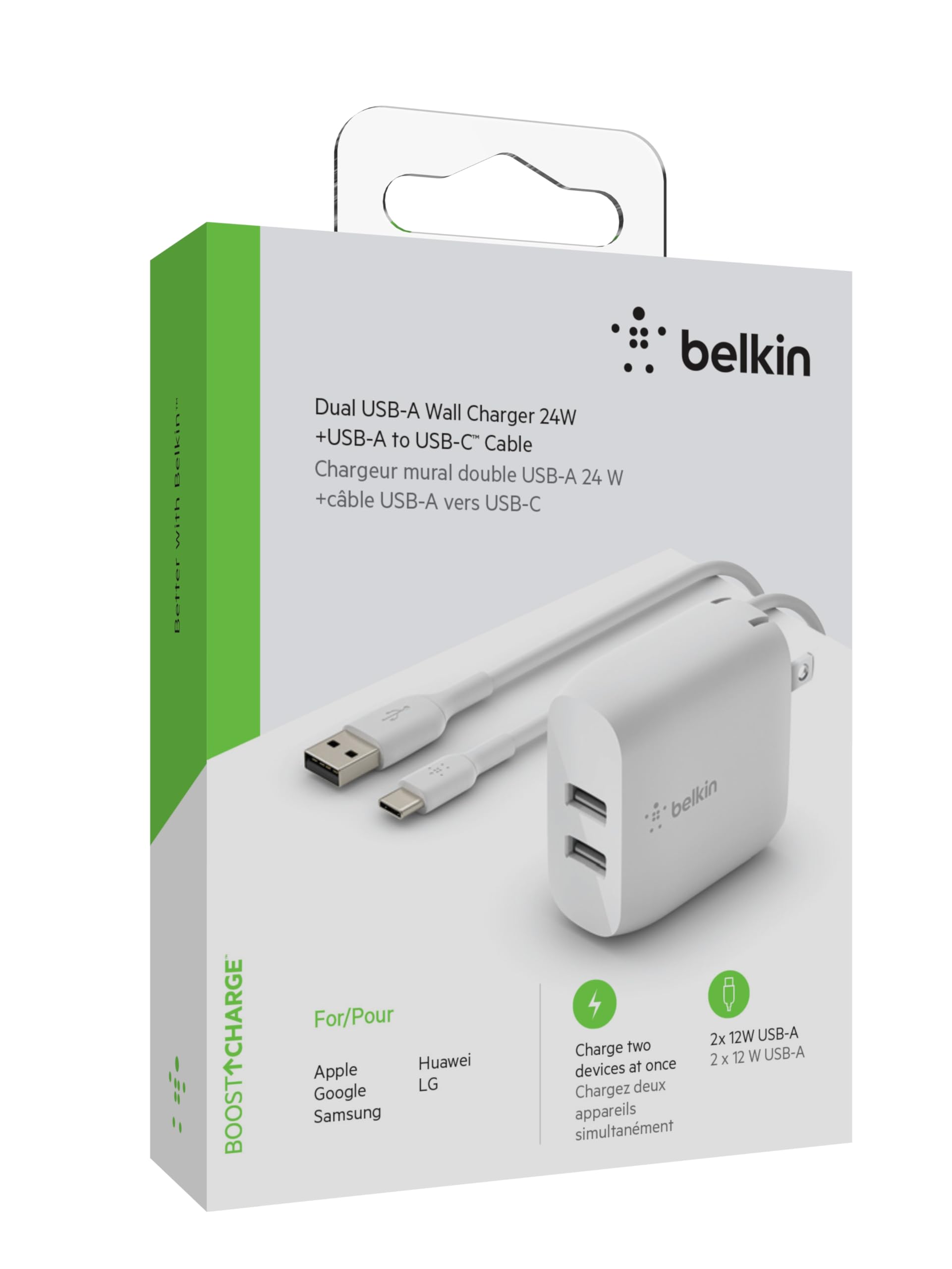 Belkin 24W Dual Port USB Wall Charger - USB C Cable Included - iPhone Charger Fast Charging - USB Charger Block for Power Bank, iPad & iPad Pro, Samsung Galaxy S20, Samsung Note, Google Pixel & more