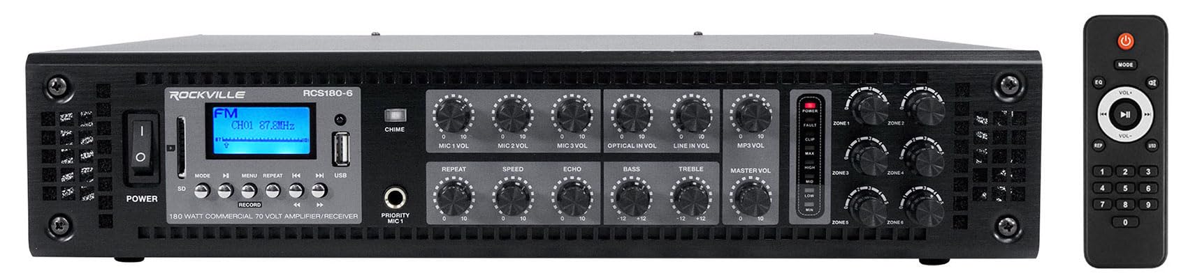 Rockville RCS180-6 180 Watt 6 Zone 70V Commercial/Restaurant Amplifier/Bluetooth