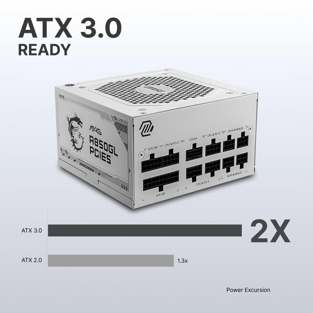 MSI MAG 850GL PCIE 5 White Gaming Power Supply - Fully Modular - 80 Plus Gold Certified 850W - Compact Size - ATX Power Supply
