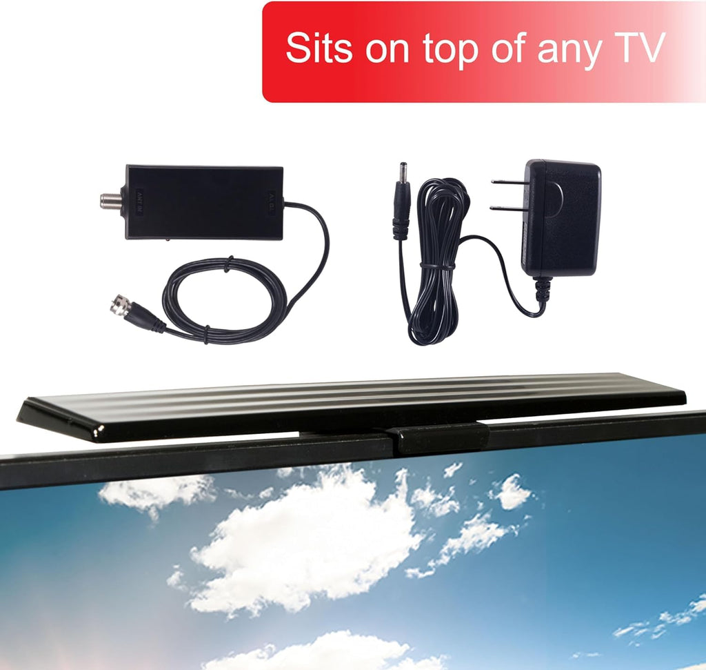 GE Amplified HD TV Antenna, Easy Mount to Top of TV Design, Supports 4K 1080P Digital HDTV VHF UHF, Long Range, Included Amplifier Signal Booster, AC Adapter, and 5 ft. Coax, Indoor, 37075