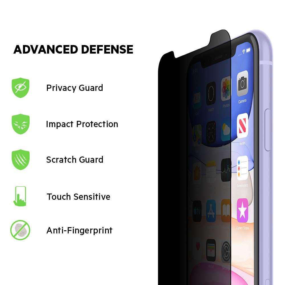 Belkin SCREENFORCE Tempered Glass Privacy Screen Protector for iPhone 11, iPhone XR, Model Number: OVA006zz