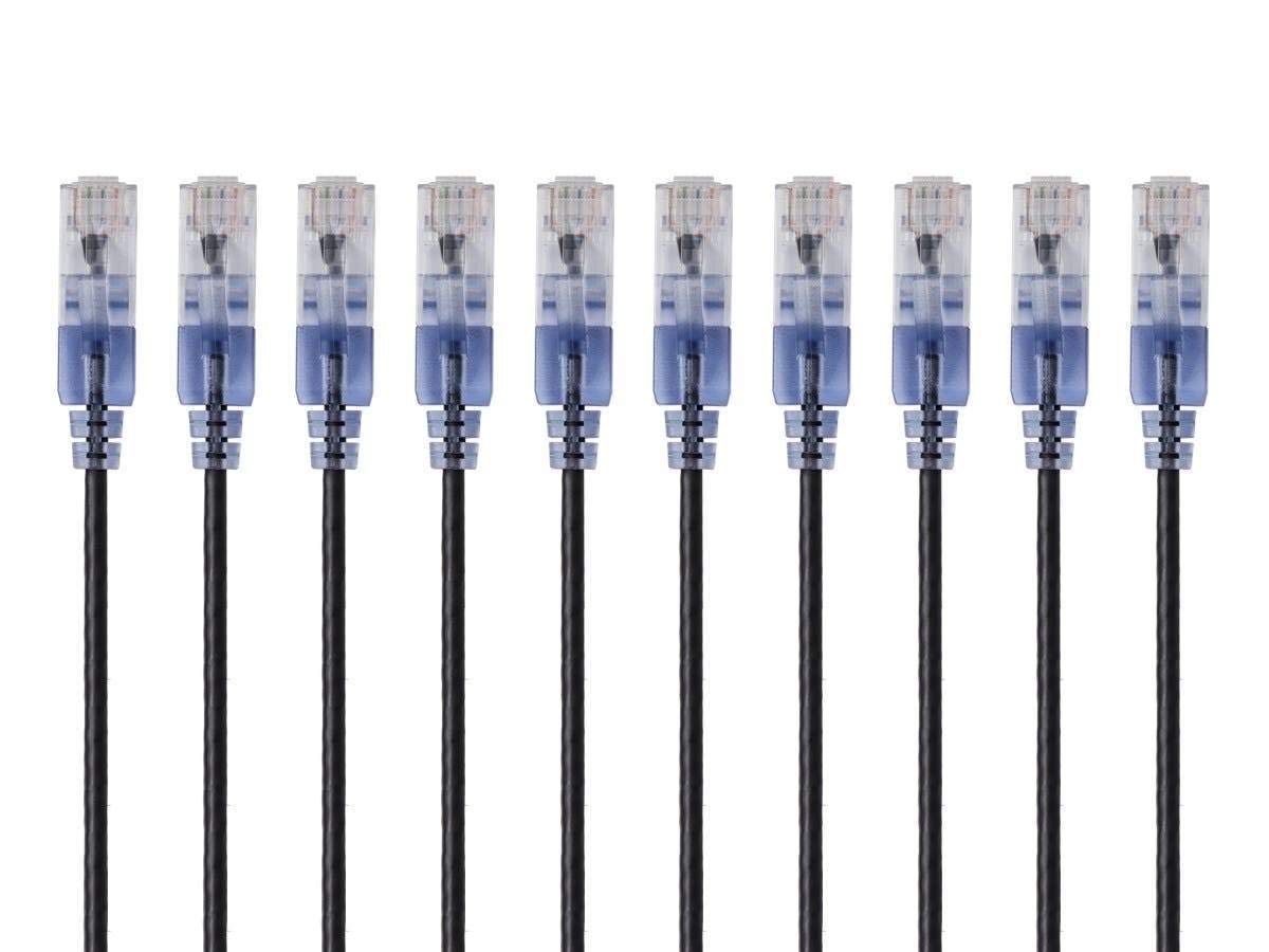 Monoprice SlimRun Cat6A Ethernet Patch Cable - Network Internet Cord - RJ45, Stranded, 550Mhz, UTP, Pure Bare Copper Wire, 10G, 30AWG , 7ft, Blue, 10-Pack