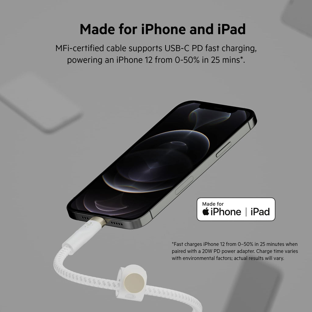 Belkin BoostCharge Pro Flex Braided USB Type C to Lightning Cable (2M/6.6ft), MFi Certified 20W Fast Charging PD Power Delivery for iPhone 14/14 Plus, 13, 12, Pro, Max, Mini, SE, iPad and More - White