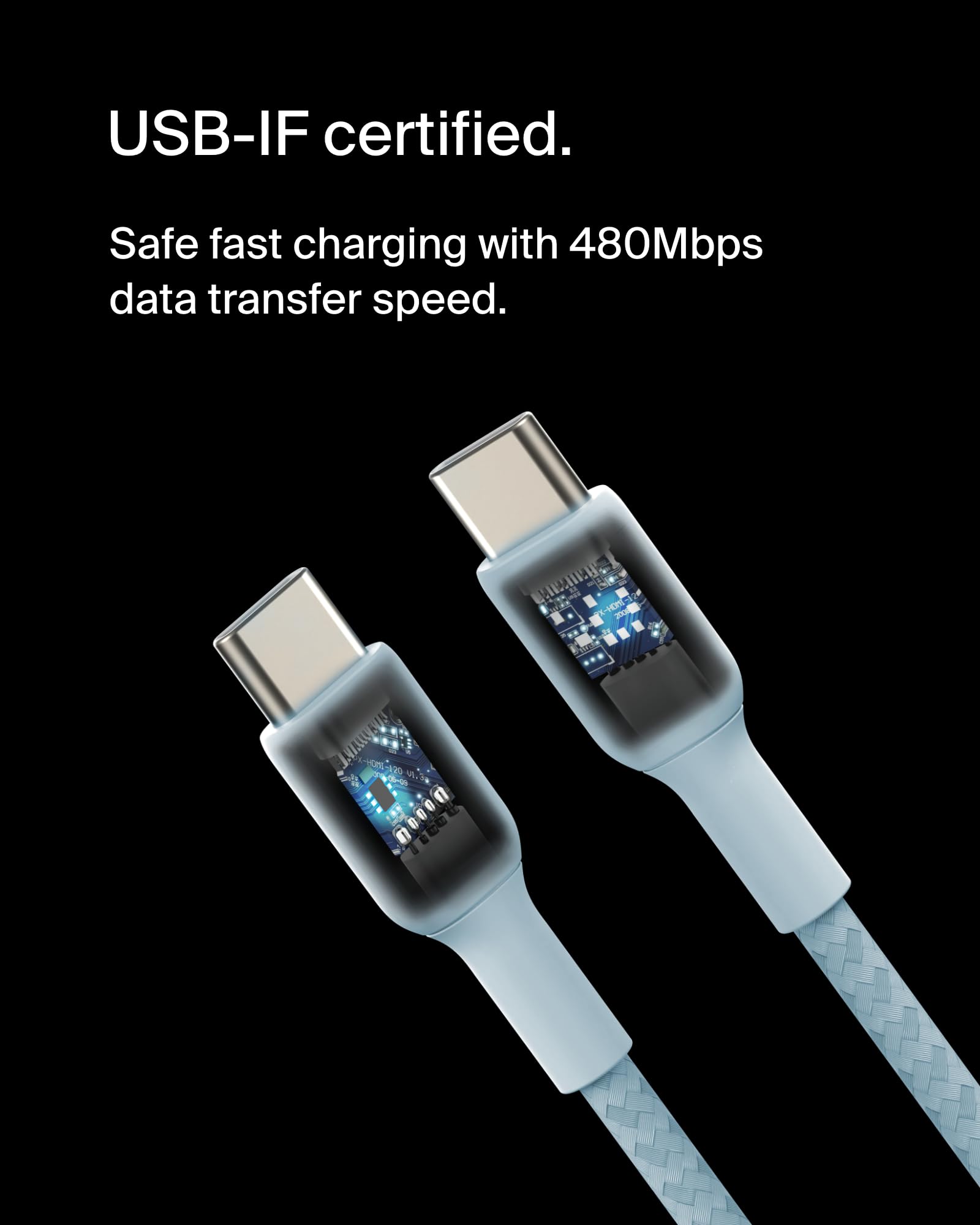 Belkin BoostCharge Braided USB-C to USB-C Cable (1M/3.3ft) for iPhone 16, 16 Pro, 16 Pro Max, 16 Plus, Galaxy S25, S24, Note, Pixel 9, Pixel 8, iPad Pro & More - Blue