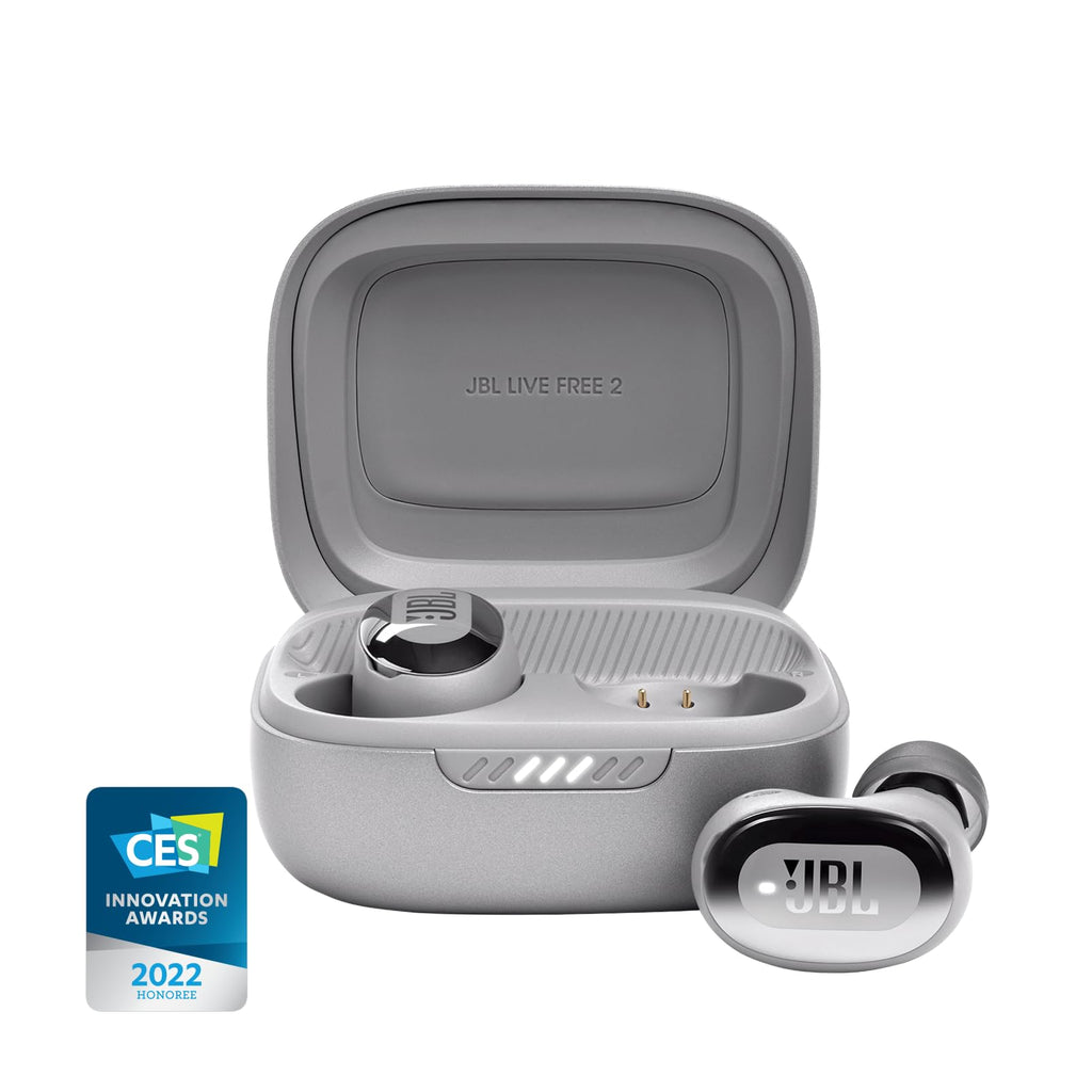 JBL Live Free 2: 35 Hours of Playtime, True Adaptive Noise Cancelling, Smart Ambient, and beamforming mics (Silver), Small