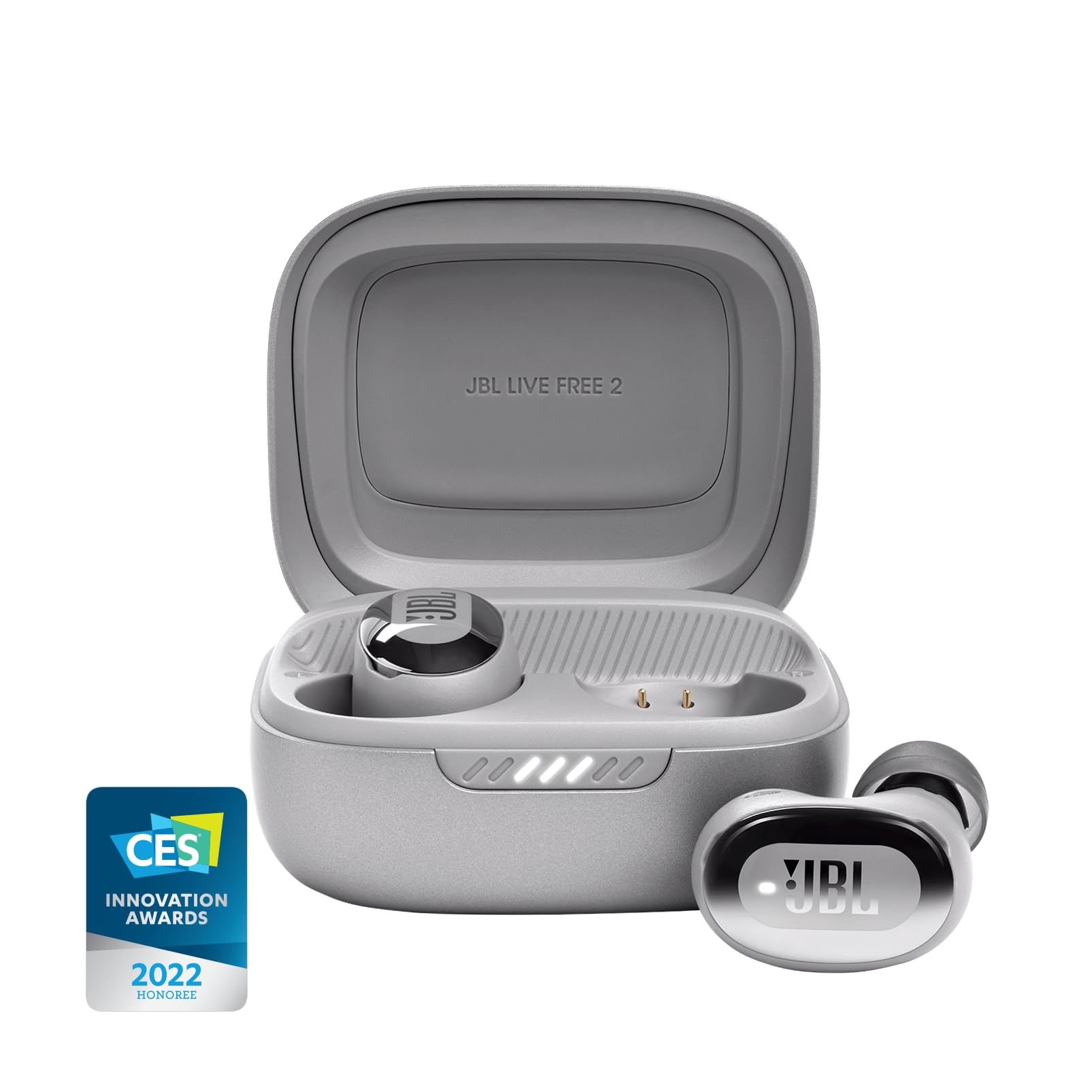 JBL Live Free 2: 35 Hours of Playtime, True Adaptive Noise Cancelling, Smart Ambient, and beamforming mics (Silver), Small