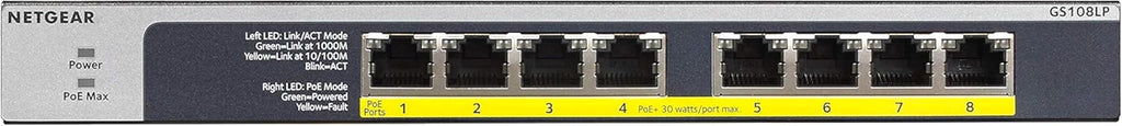 NETGEAR 8-Port Gigabit Ethernet Unmanaged PoE Switch (GS108LP) - with 8 x PoE+ @ 60W Upgradeable, Desktop, Wall Mount or Rackmount, and Limited Lifetime Protection