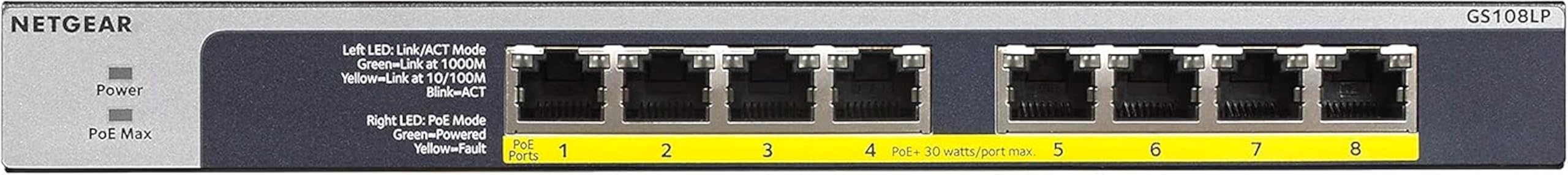 NETGEAR 8-Port Gigabit Ethernet Unmanaged PoE Switch (GS108LP) - with 8 x PoE+ @ 60W Upgradeable, Desktop, Wall Mount or Rackmount, and Limited Lifetime Protection
