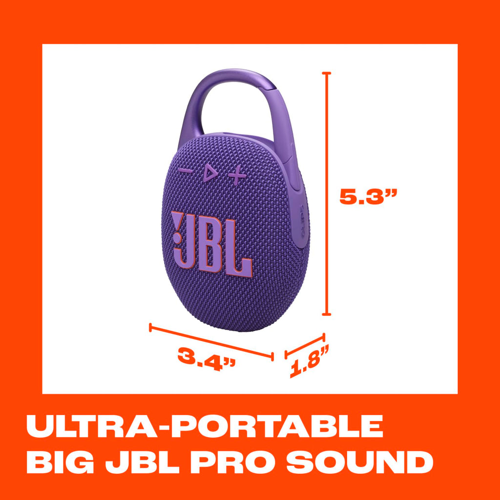 JBL Clip 5 - Ultra-Portable, Waterproof & Dustproof Bluetooth Speaker, Big Pro Sound with punchy bass, Integrated carabiner, Up to 12 Hours of Play, Made in part with recycled materials (Purple)