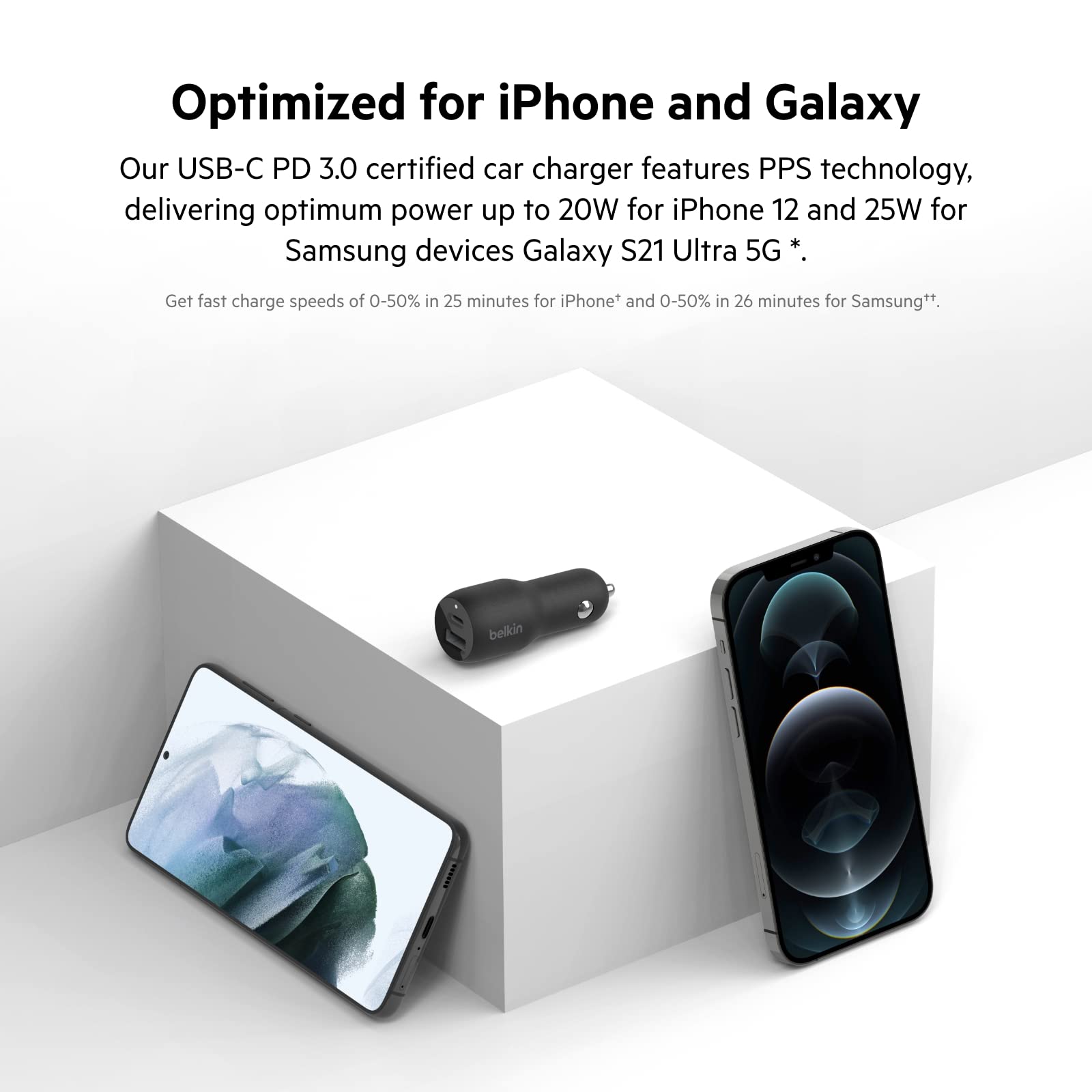 Belkin 37W Dual Port Fast Car Charger with 3.3ft USB-C Cable Included, USB-C 25W PPS Port and USB-A 12W Port for Galaxy S23, S23+, Ultra, Note20, iPhone 14, 13, 12, 11, Pro, Max, Mini and More