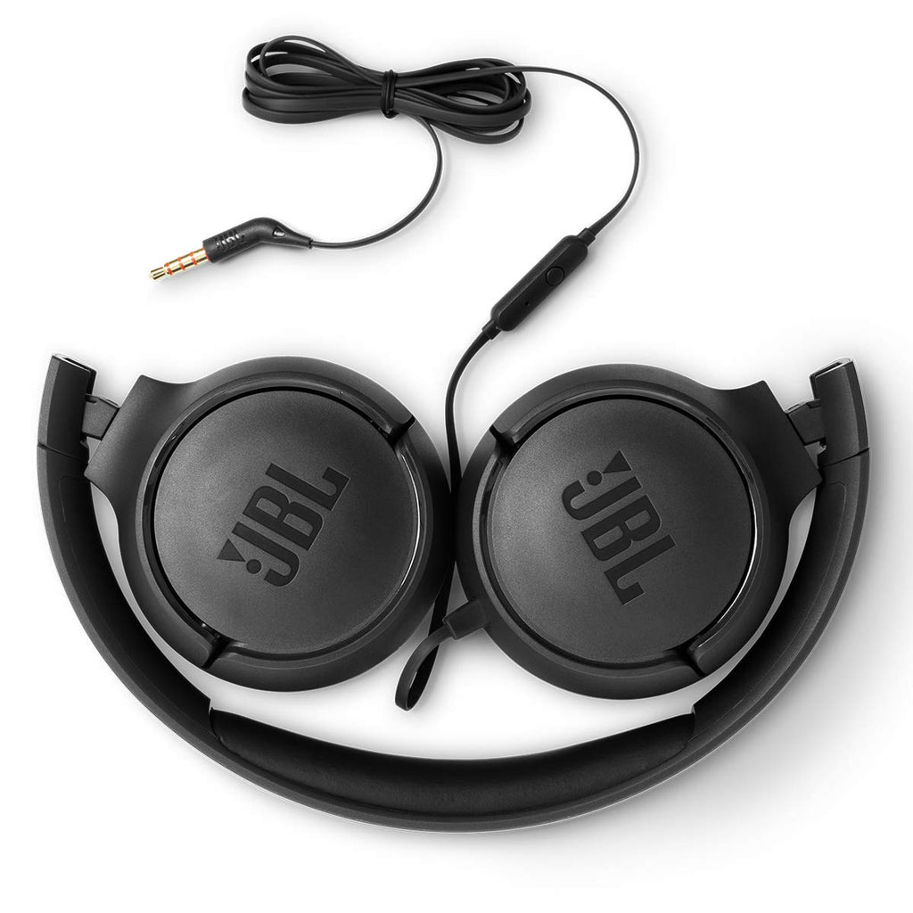 JBL Tune 500 - Wired on-ear headphones, Pure Bass Sound, 1-button remote/mic, Tangle-free flat cable, Lightweight and foldable design, Ask Siri or Google Now (Black)