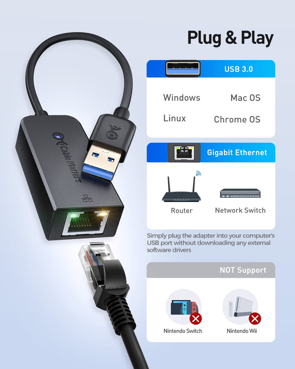 Cable Matters 2-Pack USB to Ethernet Adapter - Plug & Play with PXE MAC Address Clone Support, USB 3.0 to Gigabit Ethernet Adapter for Laptop, Supporting 10/100/1000Mbps