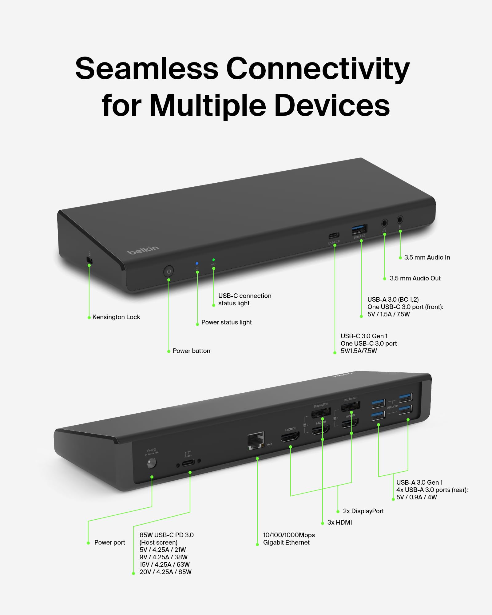 Belkin Triple Display DisplayLink Docking Station Hub with 3 HDMI Ports, 2 DisplayPorts for Triple 4K Display with 85W Power Delivery, Gigabit Ethernet, 3.5mm Mic/Speaker, 1 USB-C and 5 USB-A Ports