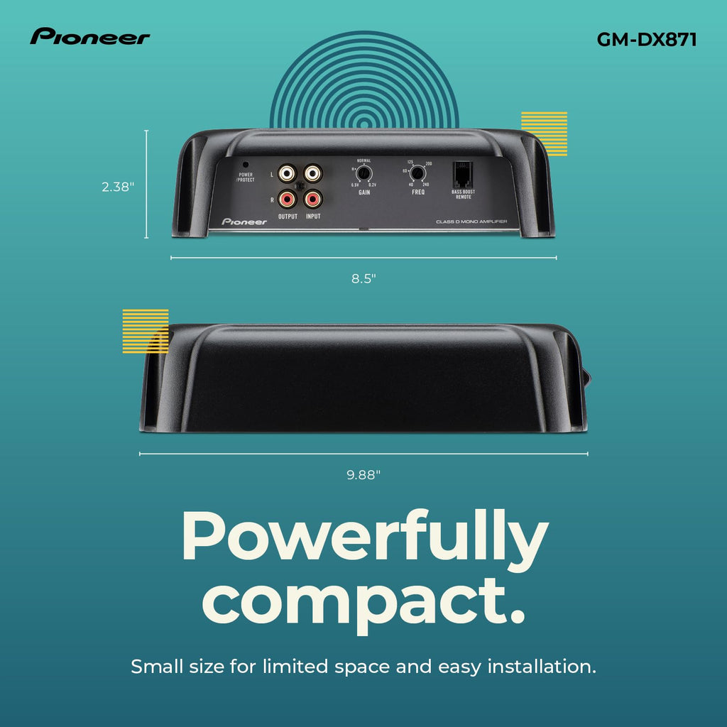 Pioneer GM-DX871 - Powerhouse Amplifier with 1,600 Watts, Class-D Technology, 1-Channel, Variable Low-Pass Filter, Compact Design, and Remote Bass Boost Control