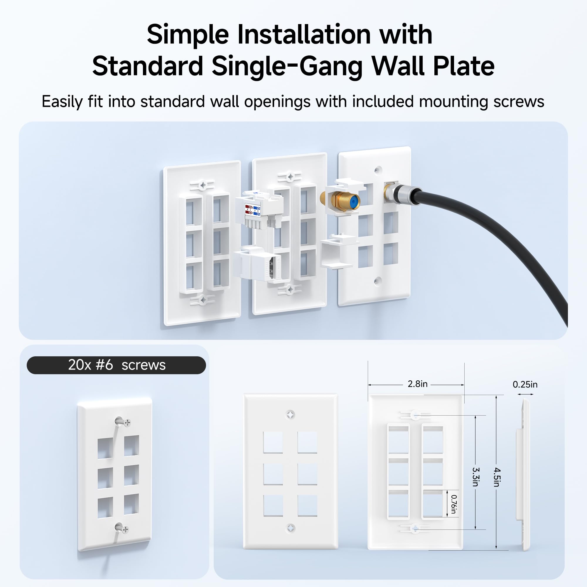 Cable Matters (10-Pack) Low Profile 6-Port Cat5e / Cat6 Keystone Jack Wall Plate in White