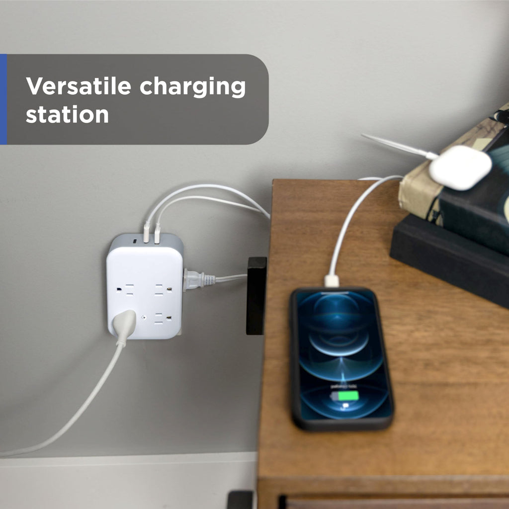 GE All-in-One Surge Protector Wall Tap, 8 Outlets (4 Grounded + 4 Polarized), 2 USB-C & 1 USB-A, 15W Shared, 1140J, Circuit Breaker, ETL Certified, White/Gray, 85633