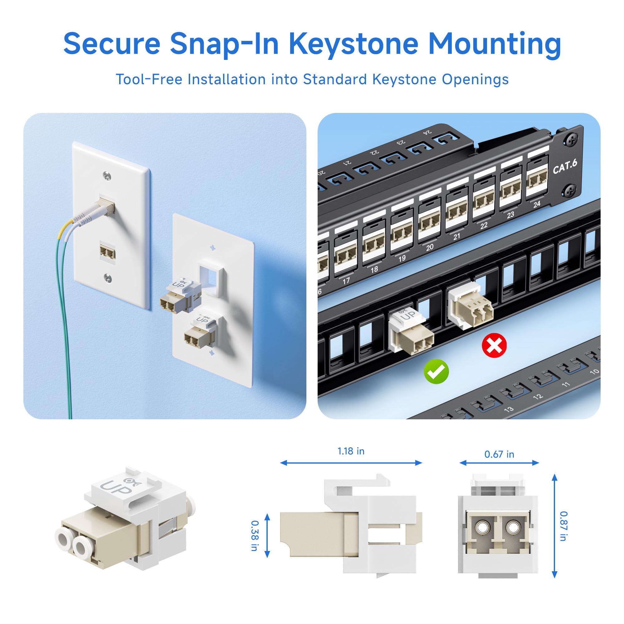 Cable Matters 10-Pack LC UPC Duplex Fiber Optic Keystone Coupler Jack, OM1/OM2/OM3/OM4 Multimode, OS2 Single Mode Support