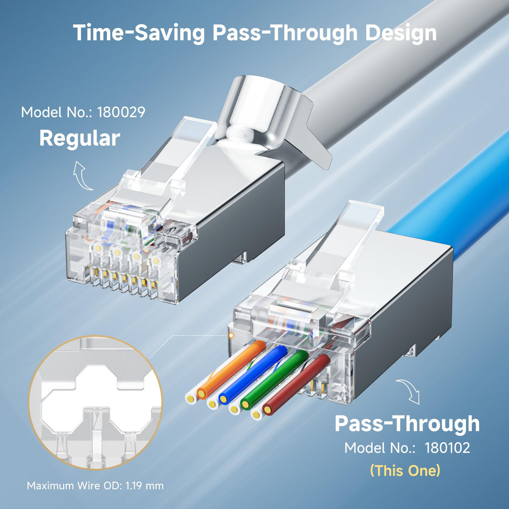 Cable Matters 100-Pack Cat 6A Shielded Pass Through RJ45 Connectors (Cat 6A Ends / Cat6A Connector / RJ45 Modular Plugs/Ethernet Plugs/Network Connector) for Solid or Stranded S/FTP Ethernet Cable