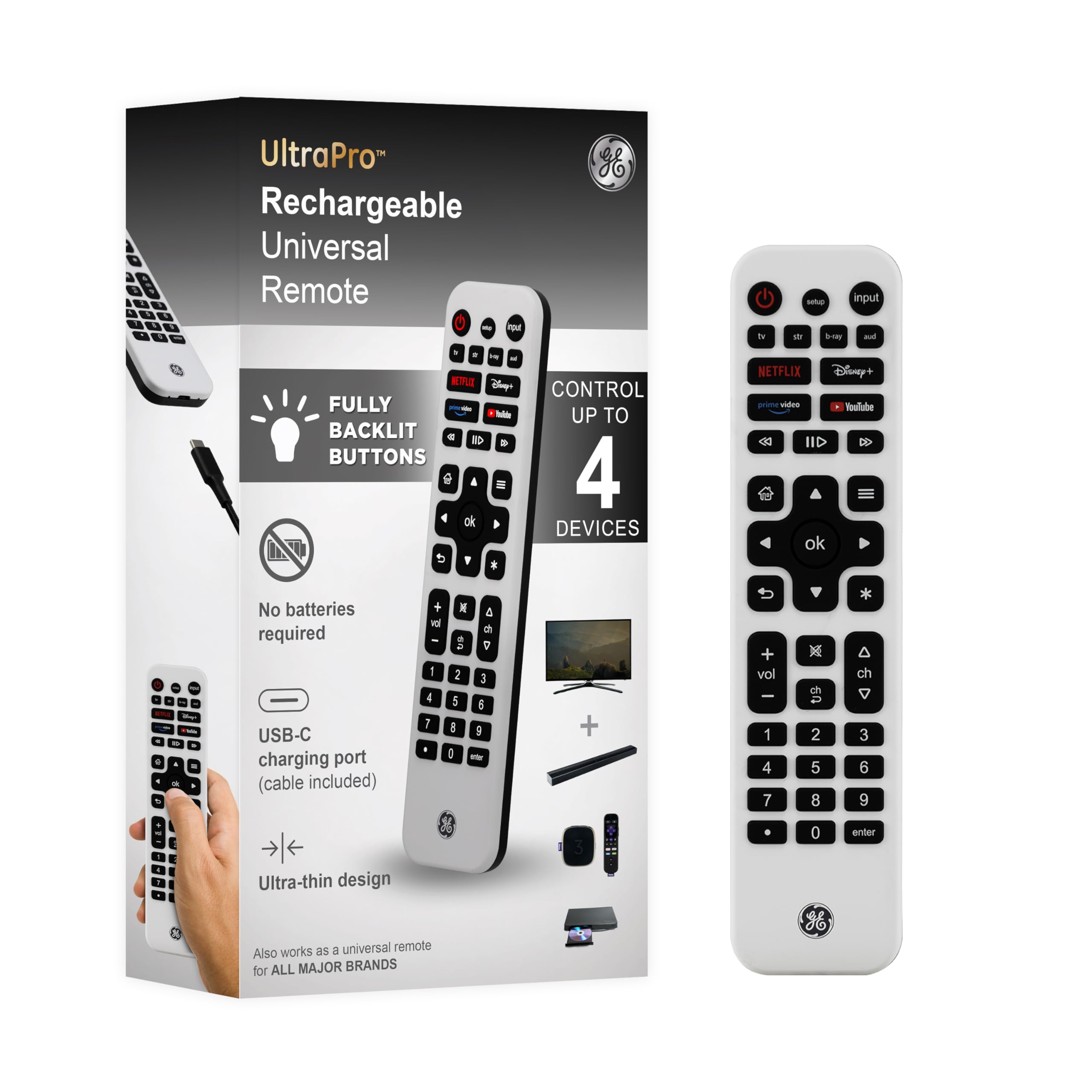 GE Rechargeable tv Remote and Control, Universal Remote for Samsung, Apple, Sony, Roku, LG Smart TVs, 4-Device, 80984