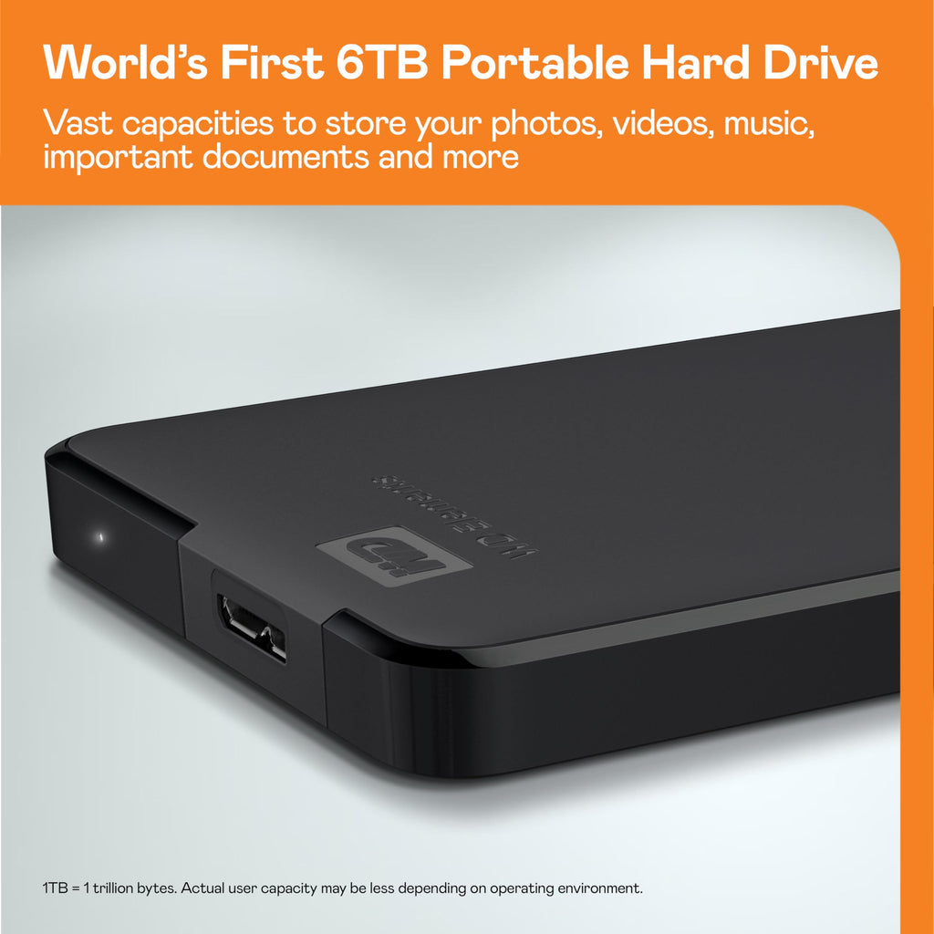 WD 6TB Elements portable external hard drive, USB 3.0, portable external storage, Plug-and-Play, SuperSpeed USB 3.2 Gen 1, Formatted for PC and Mac, Black
