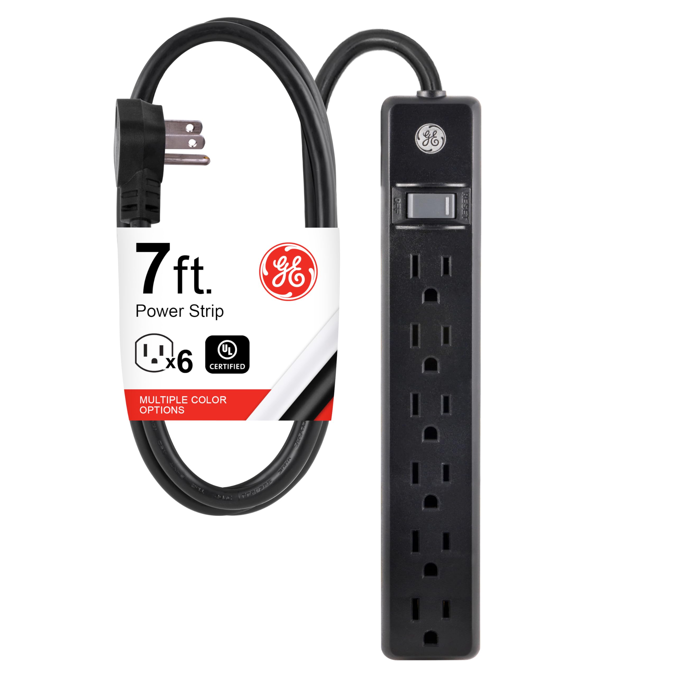 GE 6-Outlet Power Strip, 7 Ft Extension Cord, Flat Plug, Grounded, Integrated Circuit Breaker, 3-Prong, Wall Mount, UL Listed, Black, 37816