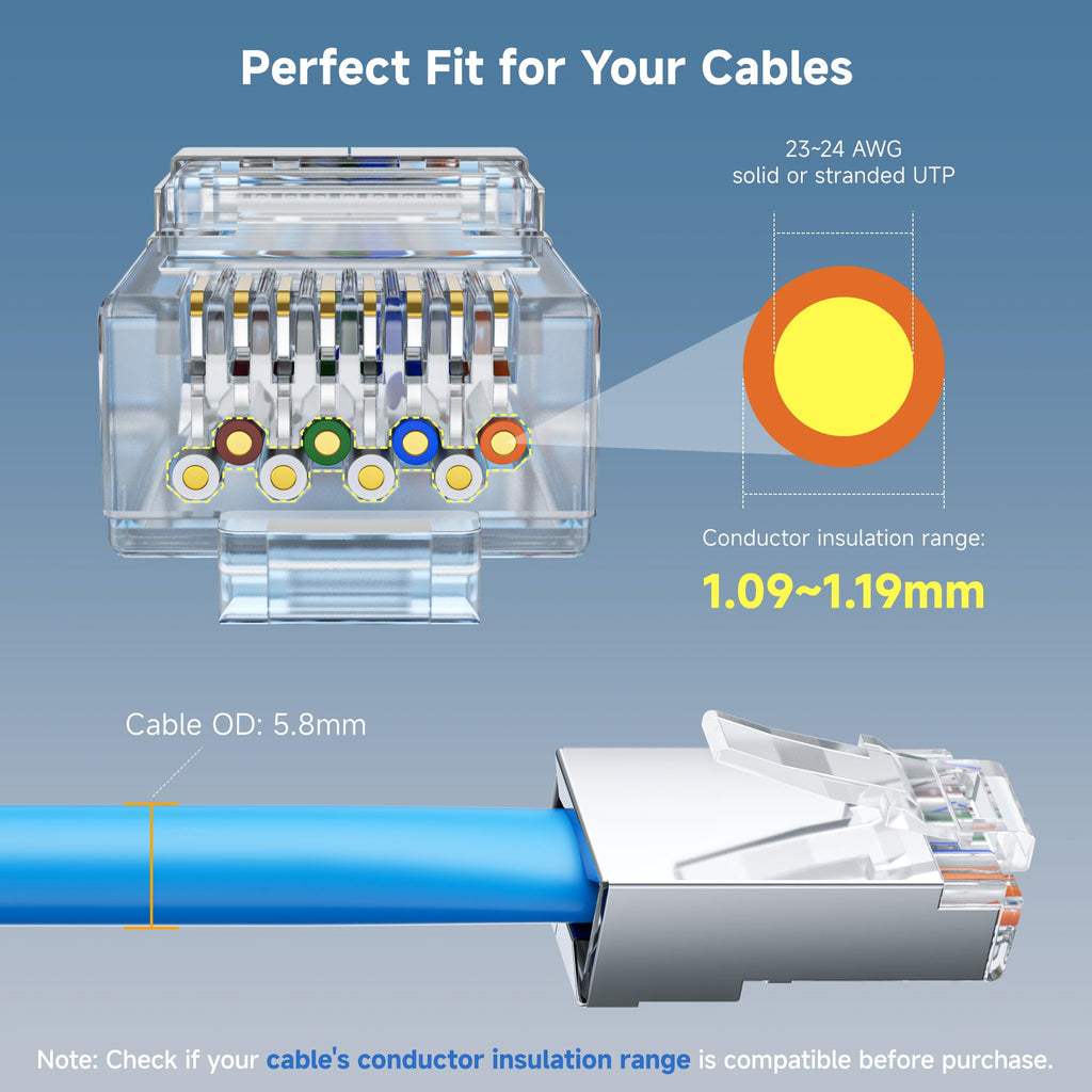 Cable Matters 100-Pack Cat 6A Shielded Pass Through RJ45 Connectors (Cat 6A Ends / Cat6A Connector / RJ45 Modular Plugs/Ethernet Plugs/Network Connector) for Solid or Stranded S/FTP Ethernet Cable