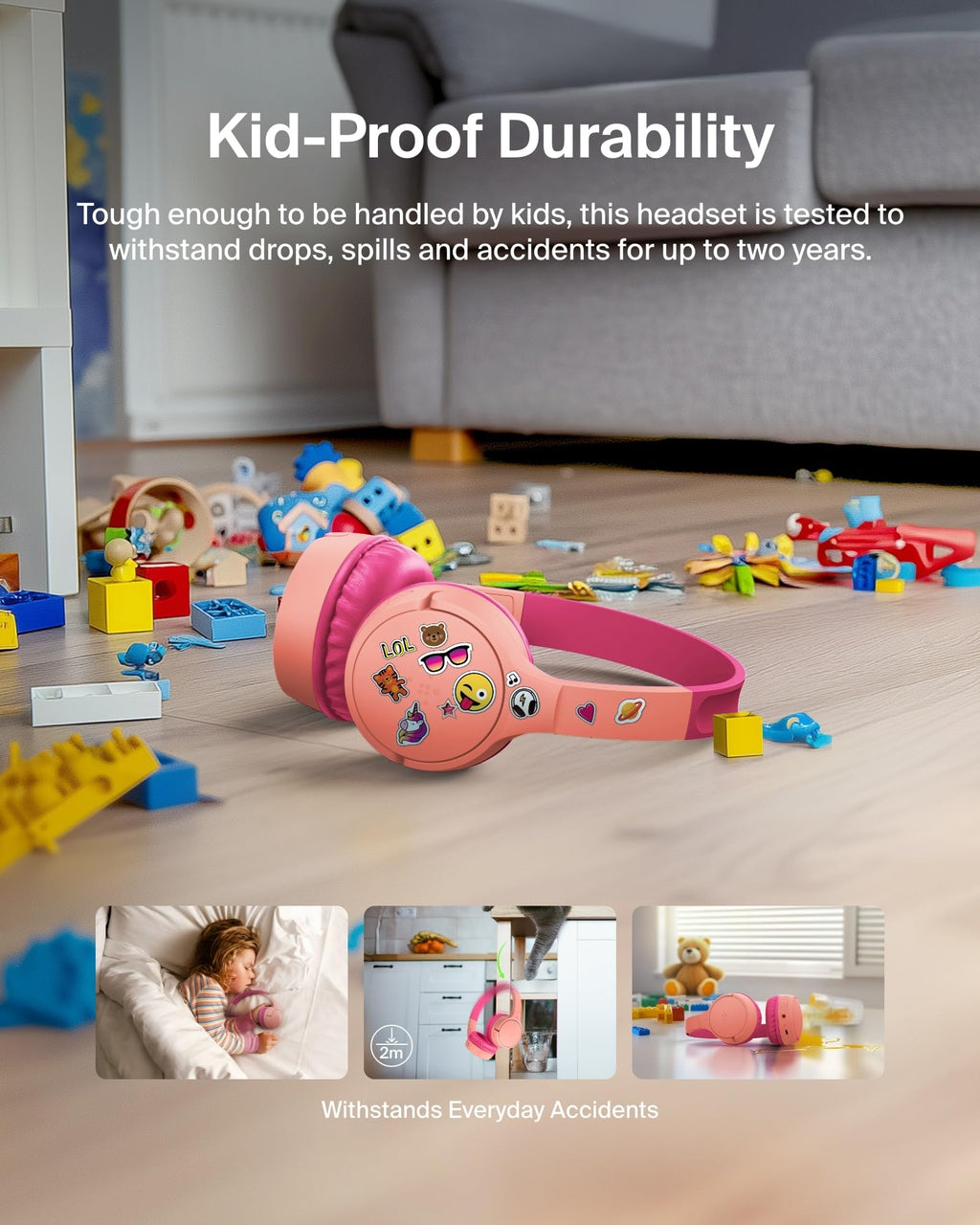 Belkin SoundForm Mini Kids Wireless Headphones w/Built-in Microphone, 30H of Playback Time, Fun Stickers - Over-Ear Headsets for Online Learning, School, iPhone, iPad, Galaxy, & More - Pink