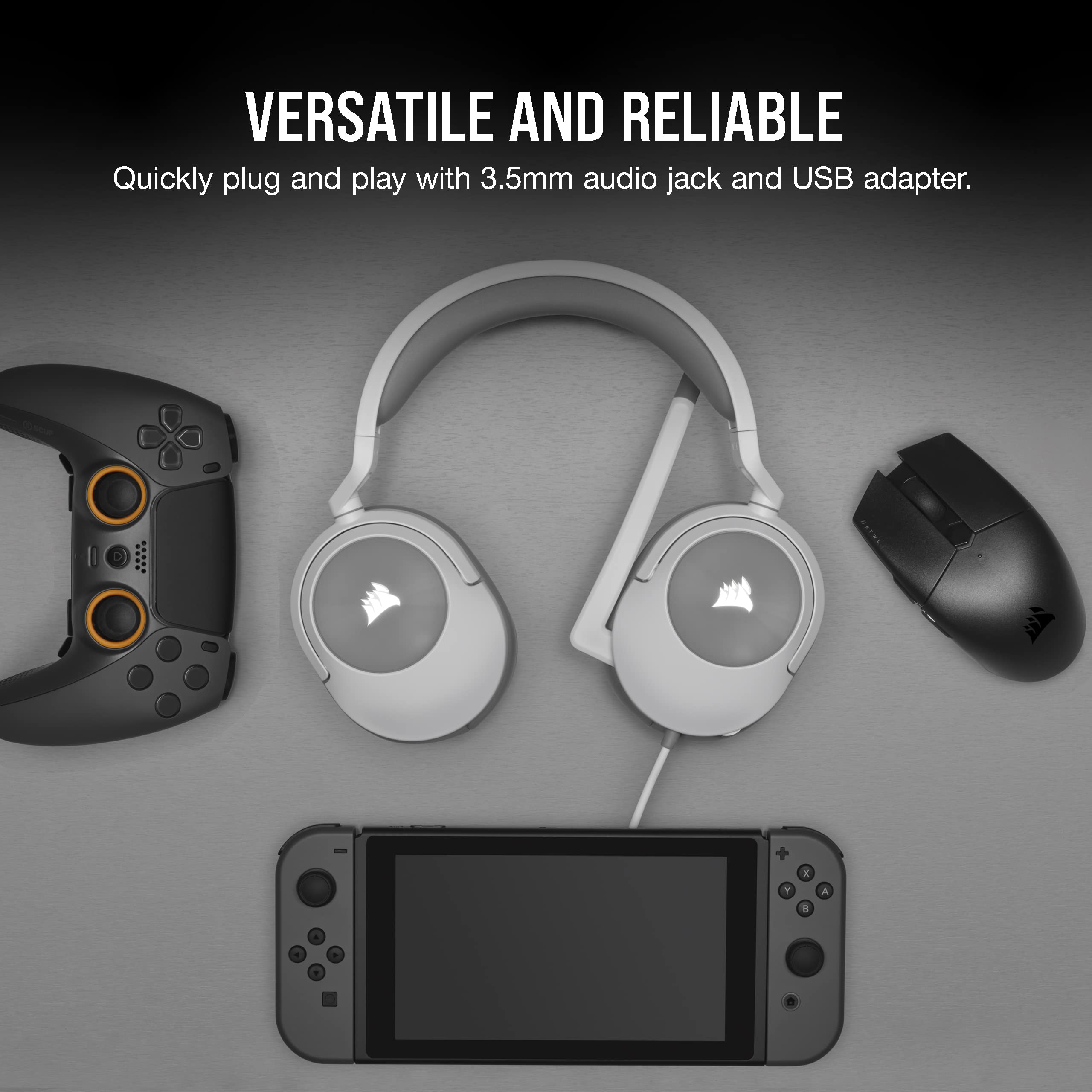 Corsair HS55 Surround v2 Multiplatform Gaming Headset � Dolby Atmos � Lightweight � Memory-Foam Leatherette � Omni-Directional Microphone � PC, Mac, PS5/PS4, Xbox Series X|S, Switch, Mobile � White