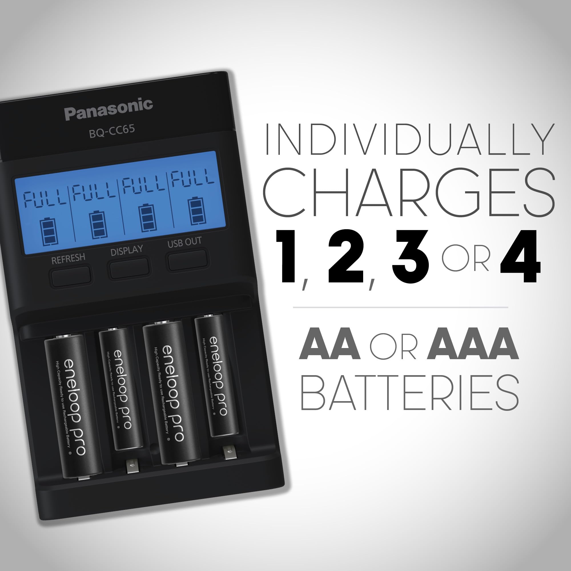 Panasonic K-KJ65KHA4BA Super Advanced 4-Position Quick Charger with LCD Indicator Panel, USB Charging Port and 4AA eneloop pro Rechargeable Batteries, Black