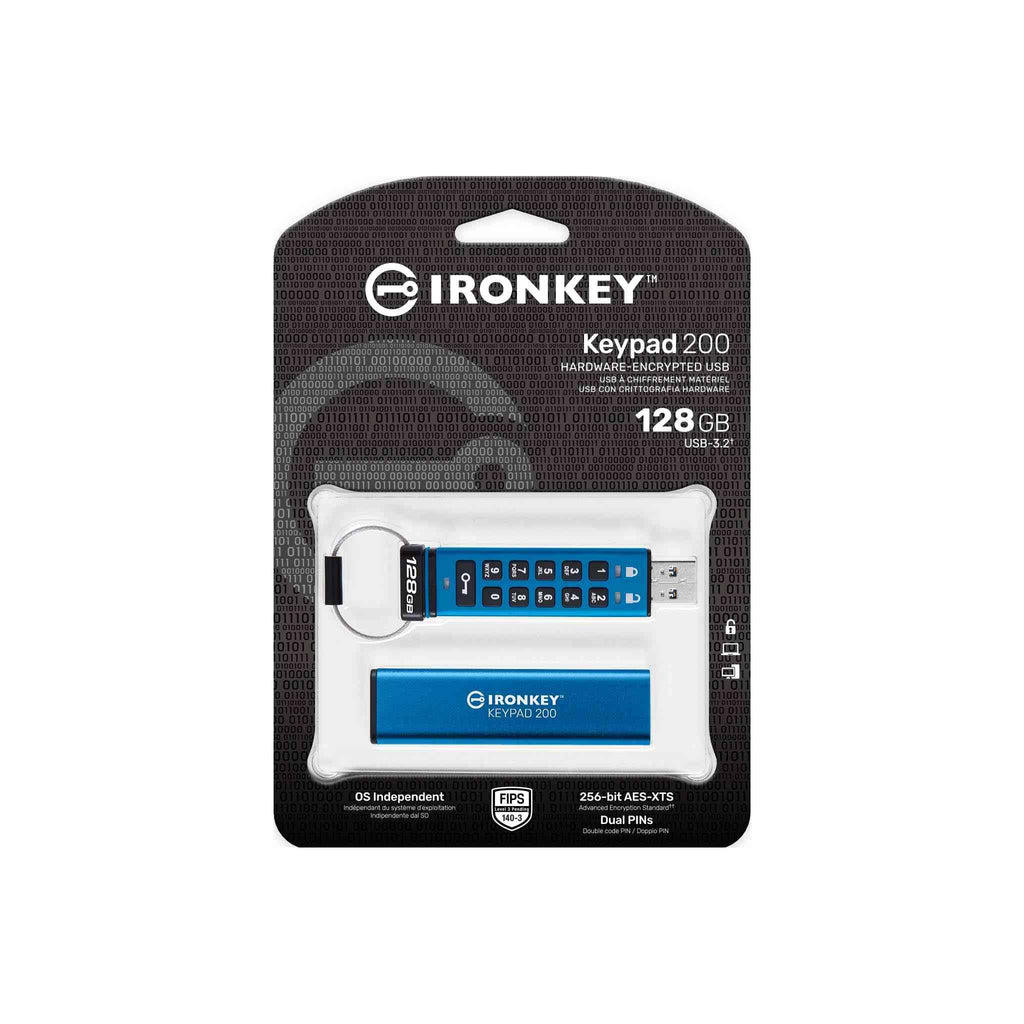 Kingston IronKey Keypad 200 Type -A hardware-encrypted USB Flash Drive FIPS 140-3 Level 3 (Pending) with XTS-AES 256-bit Hardware Encryption - IKKP200/128GB