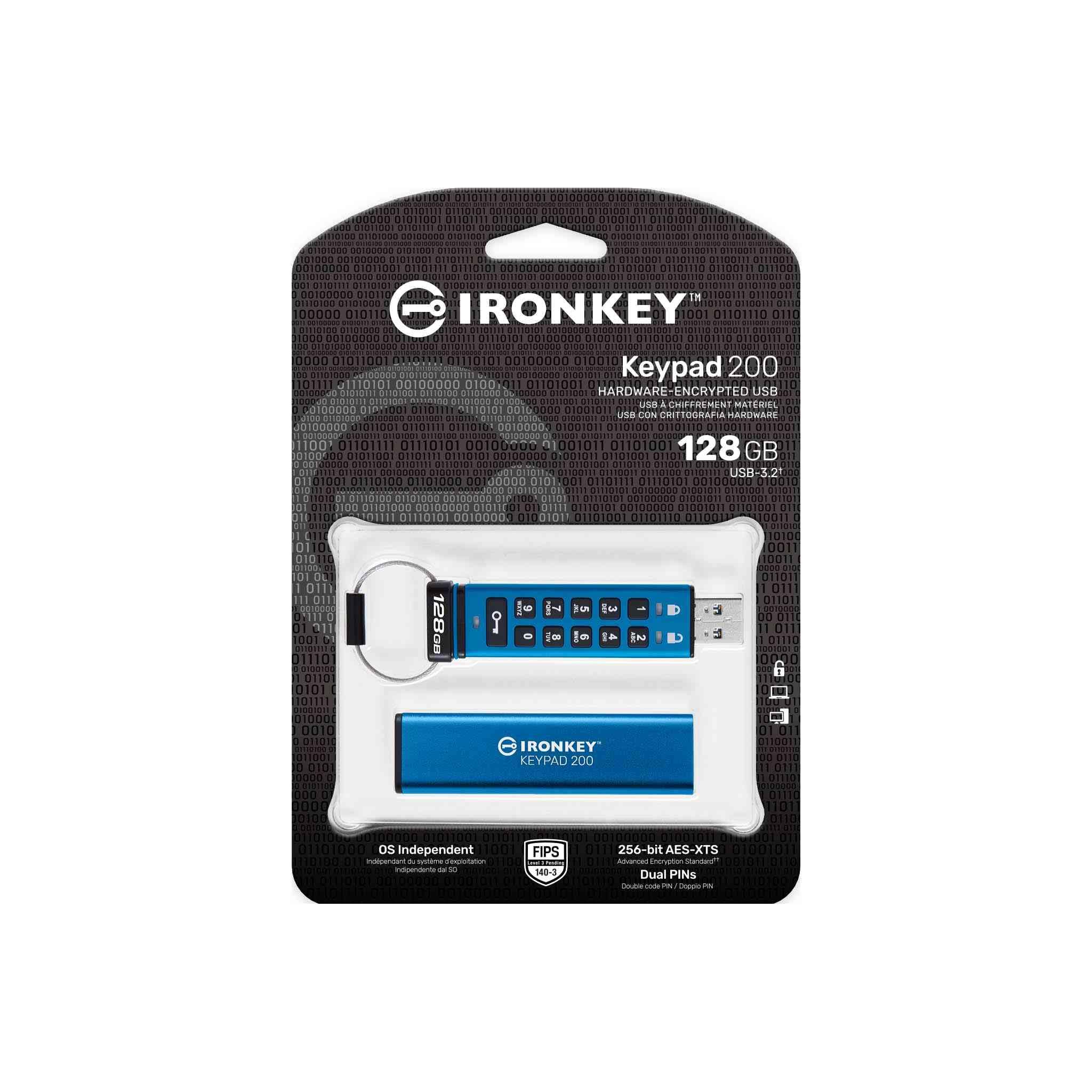 Kingston IronKey Keypad 200 Type -A hardware-encrypted USB Flash Drive FIPS 140-3 Level 3 (Pending) with XTS-AES 256-bit Hardware Encryption - IKKP200/128GB