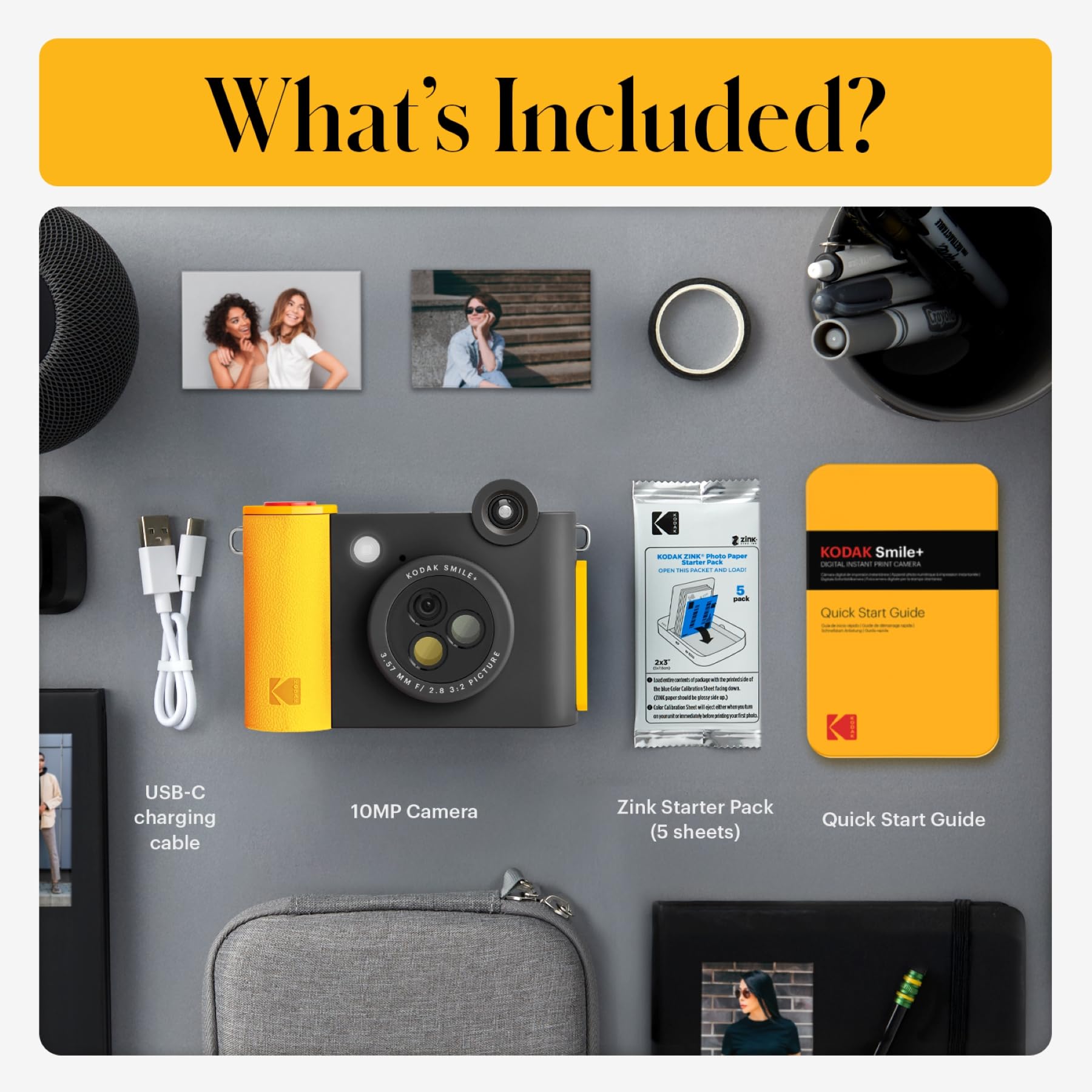 KODAK Smile+ 2-in-1 Digital Instant Camera & Wireless Bluetooth Photo Printer, 10MP, Special-Effect Rotating Lens, Zink 2x3" (5.1x7.5 cm) Sticky-Back Photos, Print via App from Smart Devices, Black